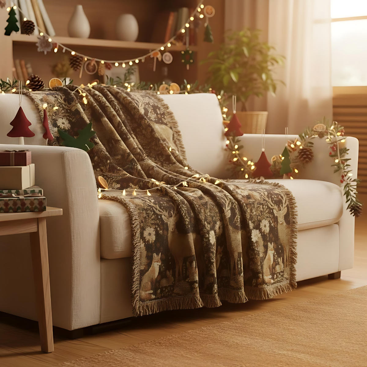 Cozy Nature-Inspired Woven Blanket, Rustic Decor, Gifts for Campers, Deer Tapestry, Warm Throw for Home