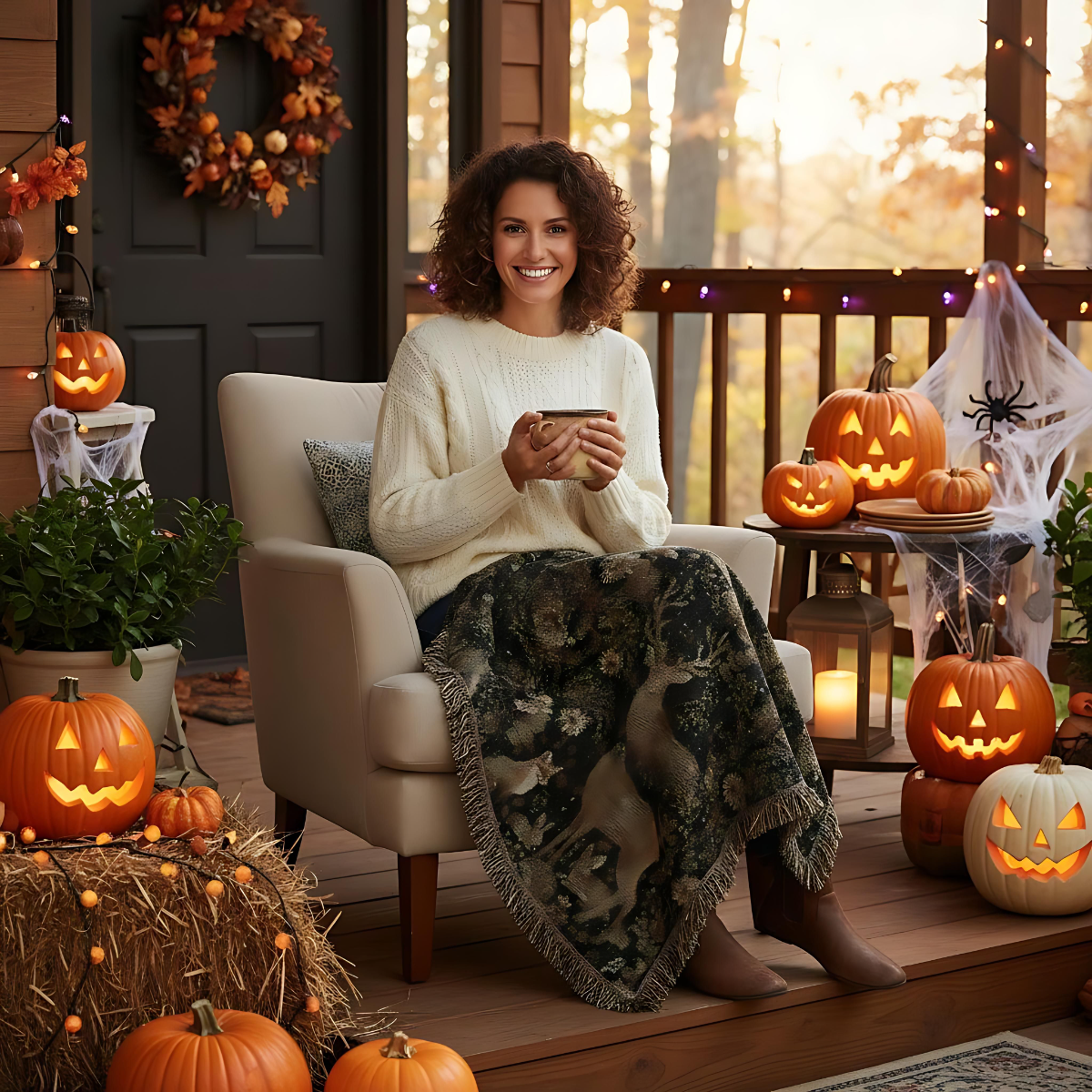 Cozy Nature-Inspired Woven Blanket, Rustic Decor, Gifts for Campers, Deer Tapestry, Warm Throw for Home