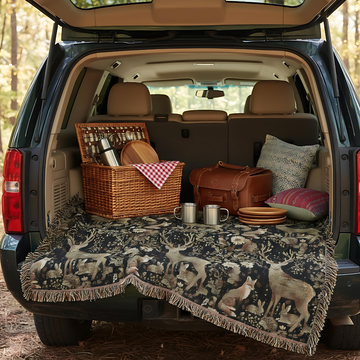 Cozy Nature-Inspired Woven Blanket, Rustic Decor, Gifts for Campers, Deer Tapestry, Warm Throw for Home