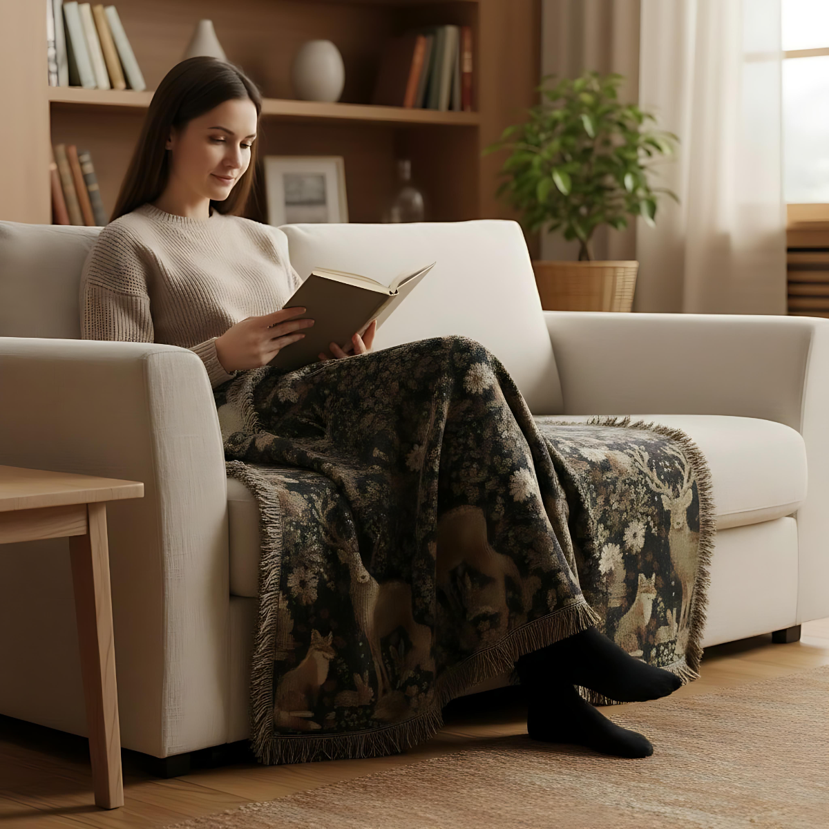 Cozy Nature-Inspired Woven Blanket, Rustic Decor, Gifts for Campers, Deer Tapestry, Warm Throw for Home