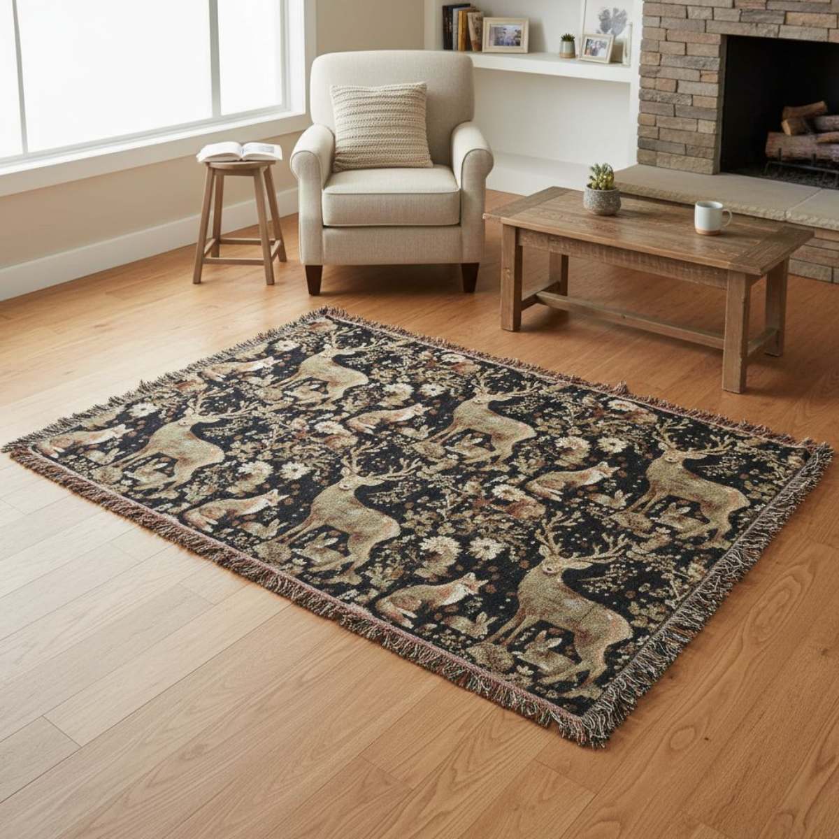 Cozy Nature-Inspired Woven Blanket, Rustic Decor, Gifts for Campers, Deer Tapestry, Warm Throw for Home