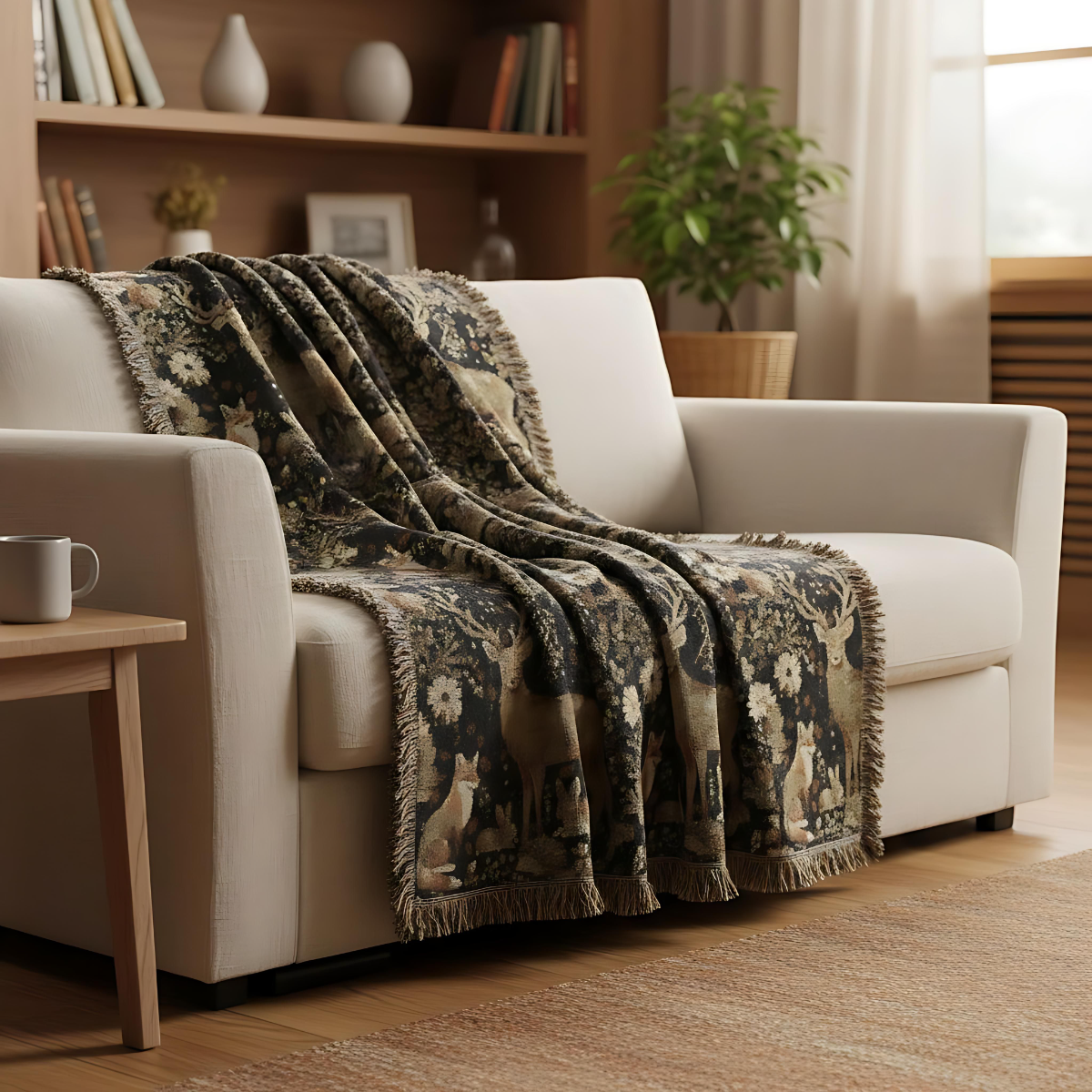 Cozy Nature-Inspired Woven Blanket, Rustic Decor, Gifts for Campers, Deer Tapestry, Warm Throw for Home