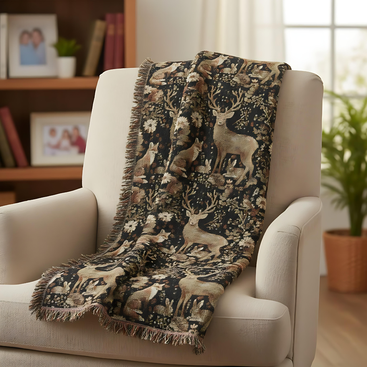 Cozy Nature-Inspired Woven Blanket, Rustic Decor, Gifts for Campers, Deer Tapestry, Warm Throw for Home