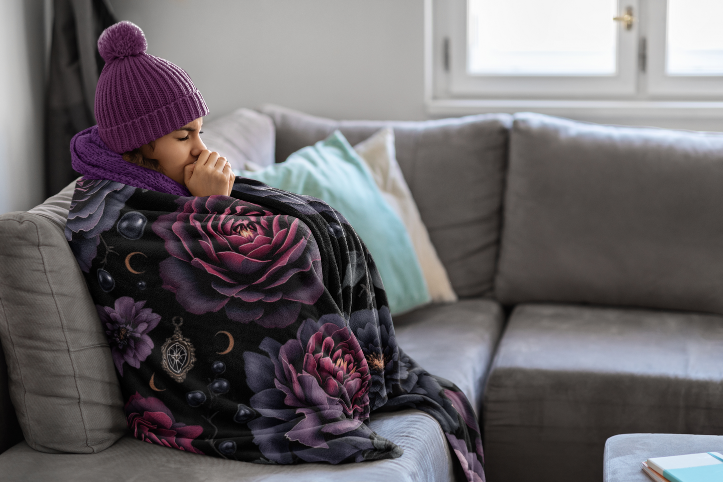 Black floral Fleece Blanket gothic home decor ,winter warm throw