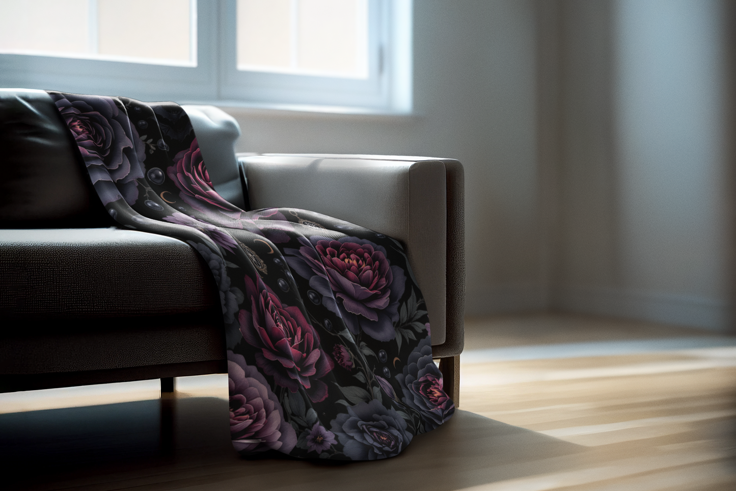 Black floral Fleece Blanket gothic home decor ,winter warm throw