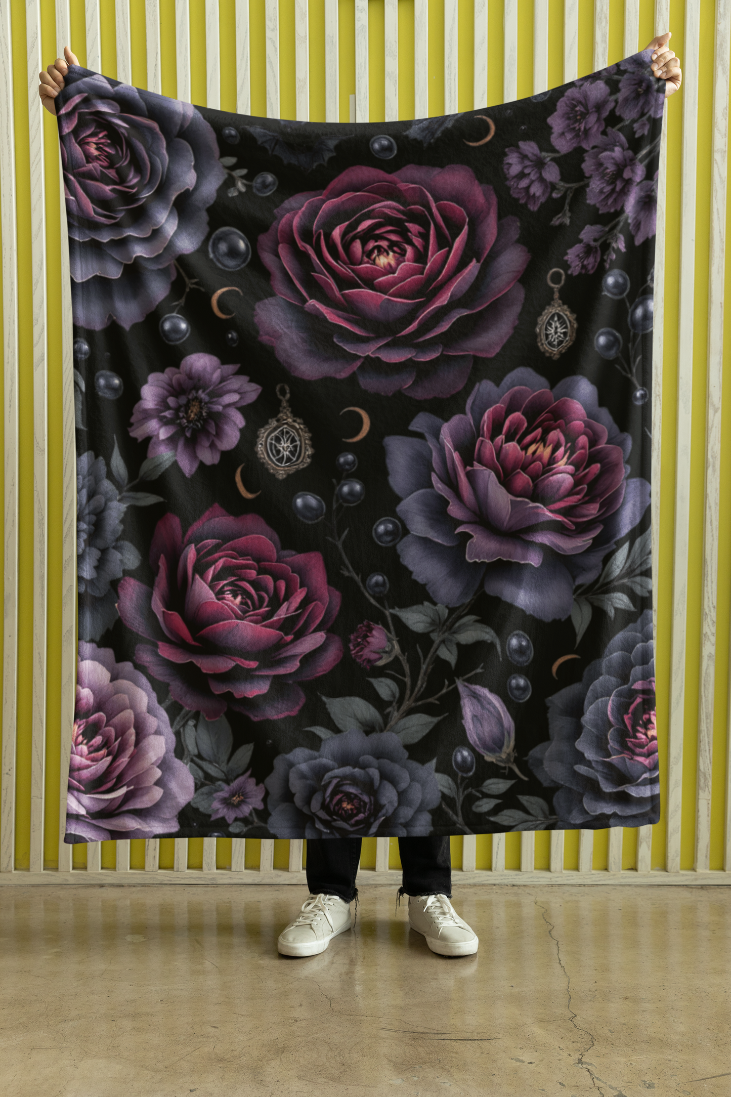 Black floral Fleece Blanket gothic home decor ,winter warm throw