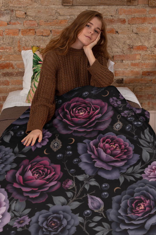Black floral Fleece Blanket gothic home decor ,winter warm throw