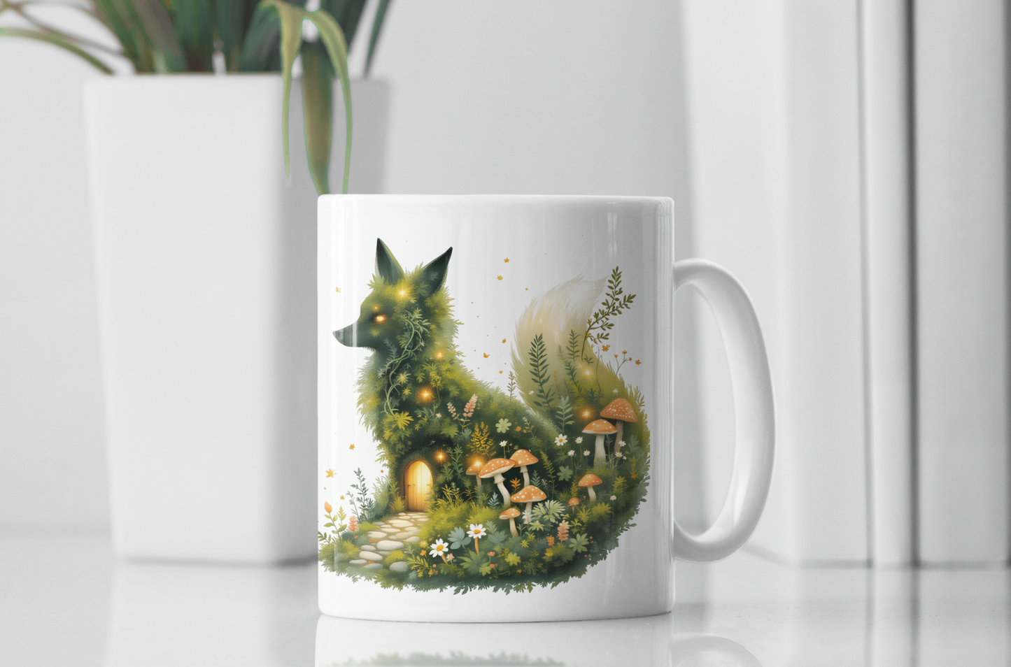 Personalized Moss Fox Mug , Custom Name Woodland Coffee Cup , Cottagecore.