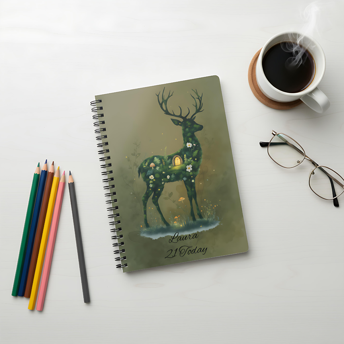 Personalised Moss Deer Notebook A5, Wire-bound Forestcore Journal.