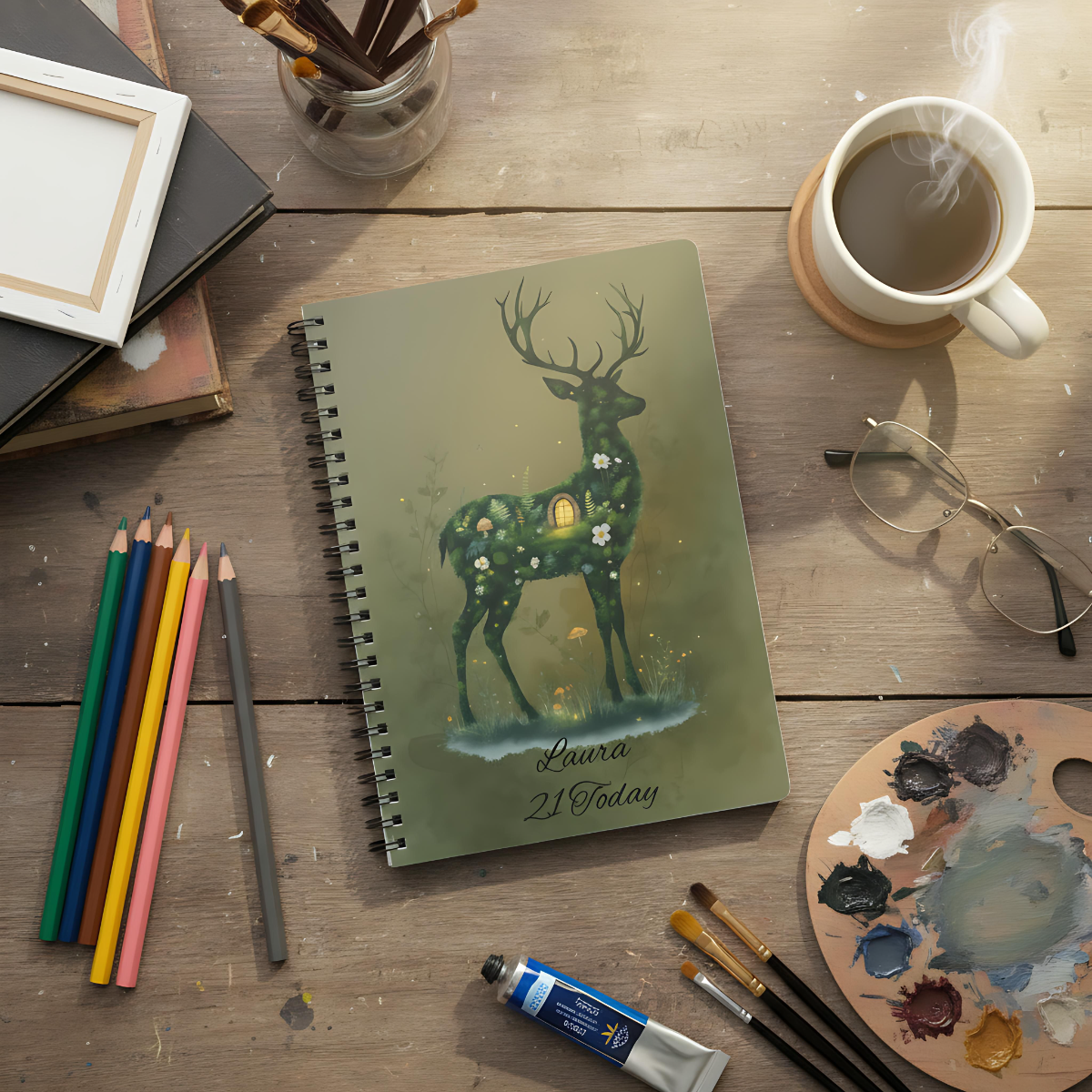 Personalised Moss Deer Notebook A5, Wire-bound Forestcore Journal.