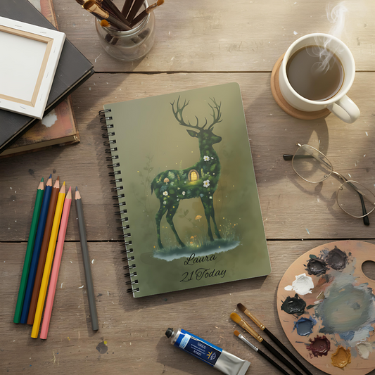 Personalised Moss Deer Notebook A5, Wire-bound Forestcore Journal.