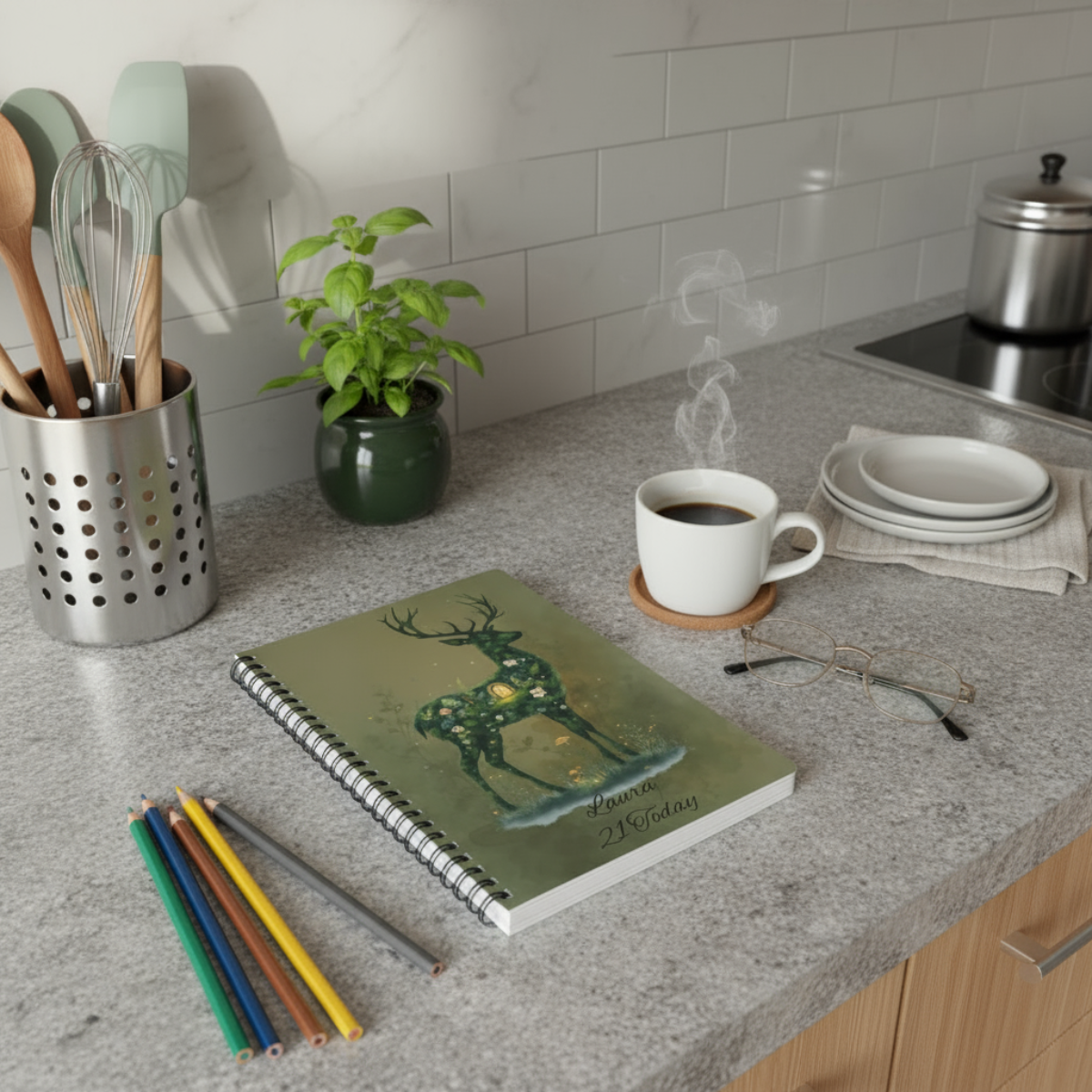 Personalised Moss Deer Notebook A5, Wire-bound Forestcore Journal.