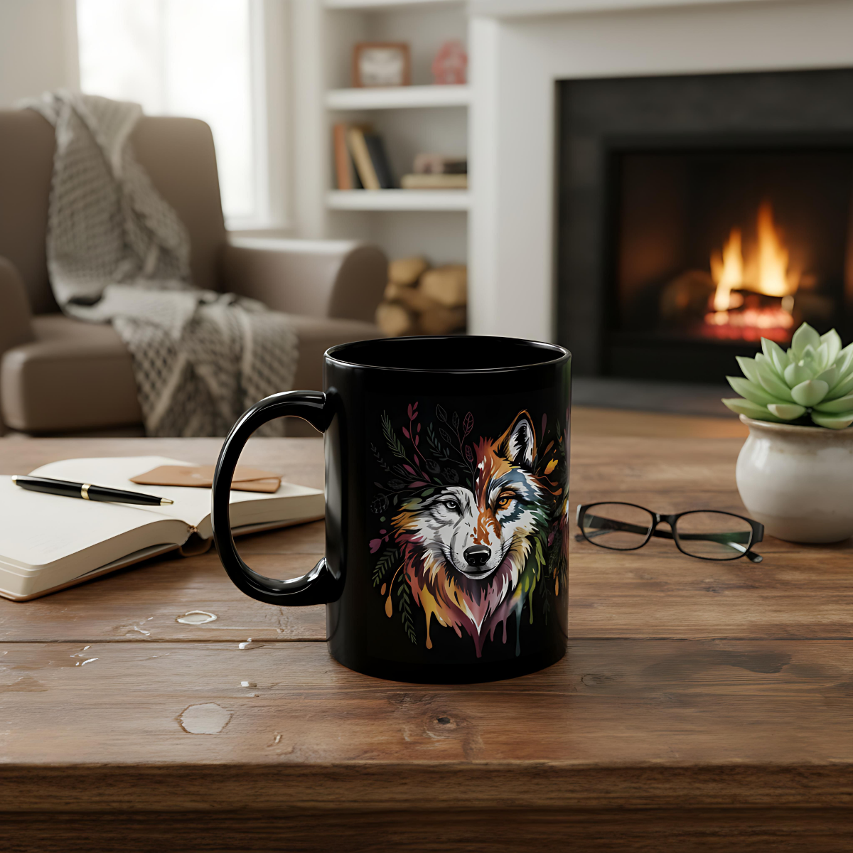 Colorful Watercolor Wolf Art Mug | Wolf Coffee Mug