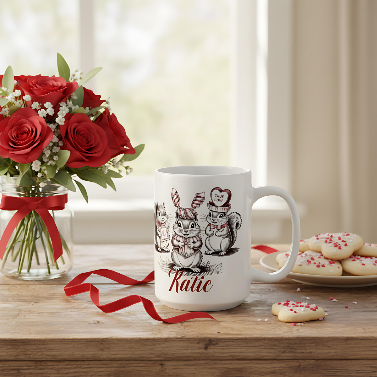 Valentines mug, Rustic woodland cute gift idea, Personalized squirrel mug