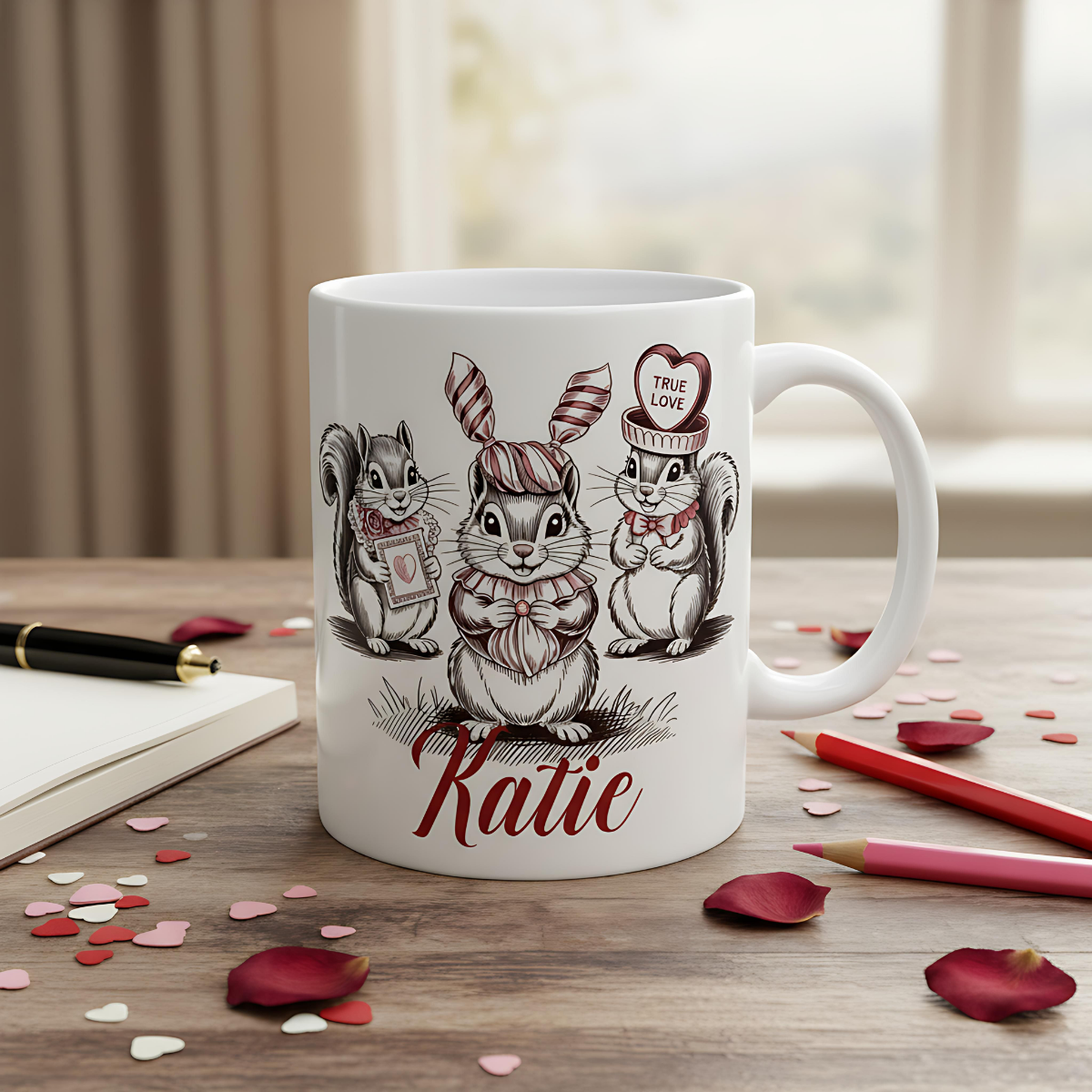 Valentines mug, Rustic woodland cute gift idea, Personalized squirrel mug