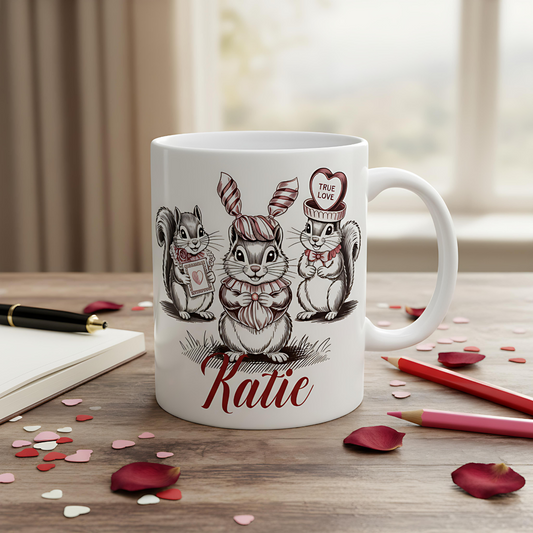 Valentines mug, Rustic woodland cute gift idea, Personalized squirrel mug