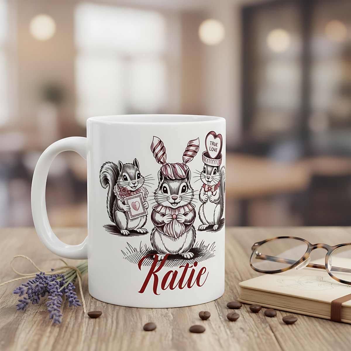 Valentines mug, Rustic woodland cute gift idea, Personalized squirrel mug