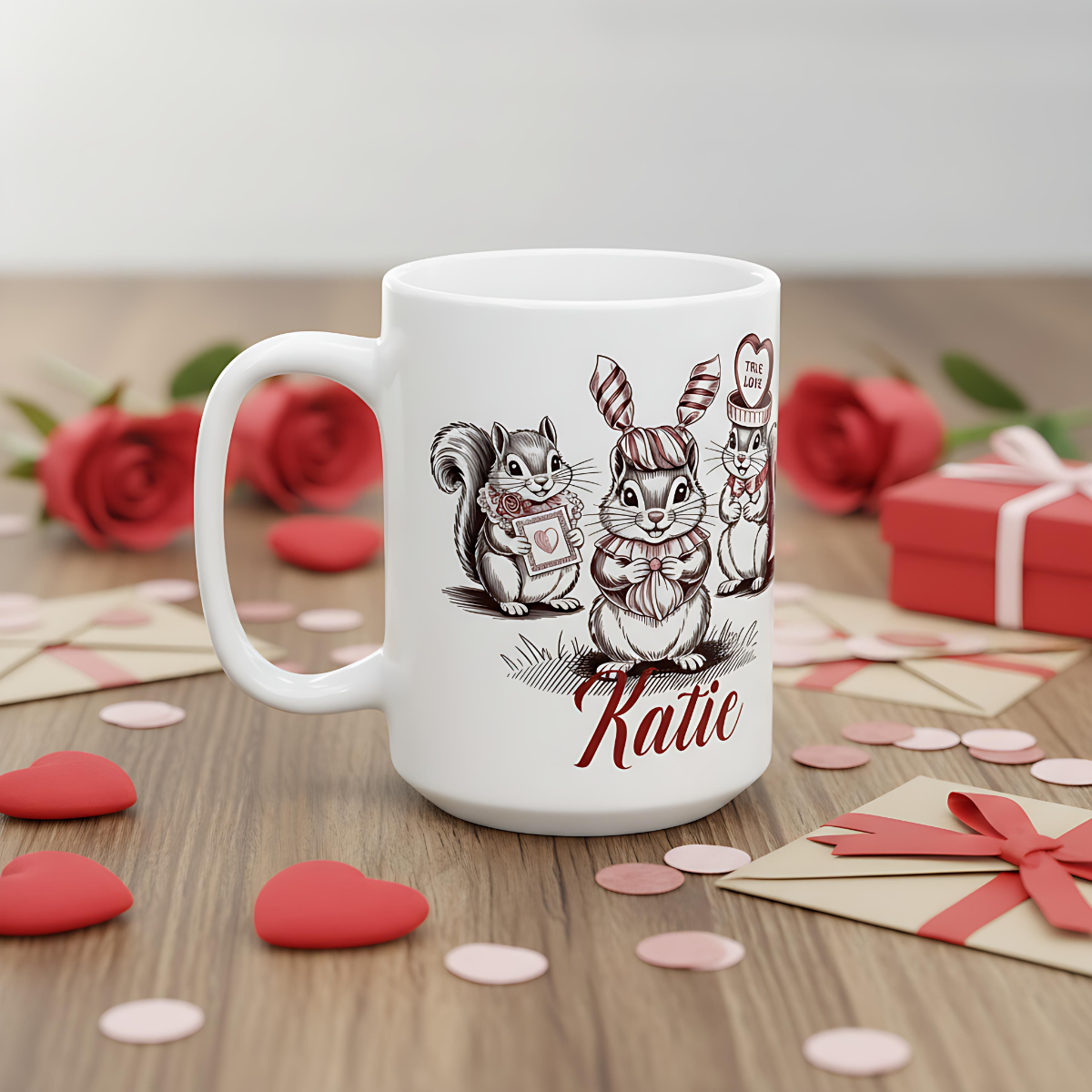 Valentines mug, Rustic woodland cute gift idea, Personalized squirrel mug