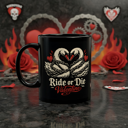 Ride or Die Valentine Mug | Swans Heart Illustration