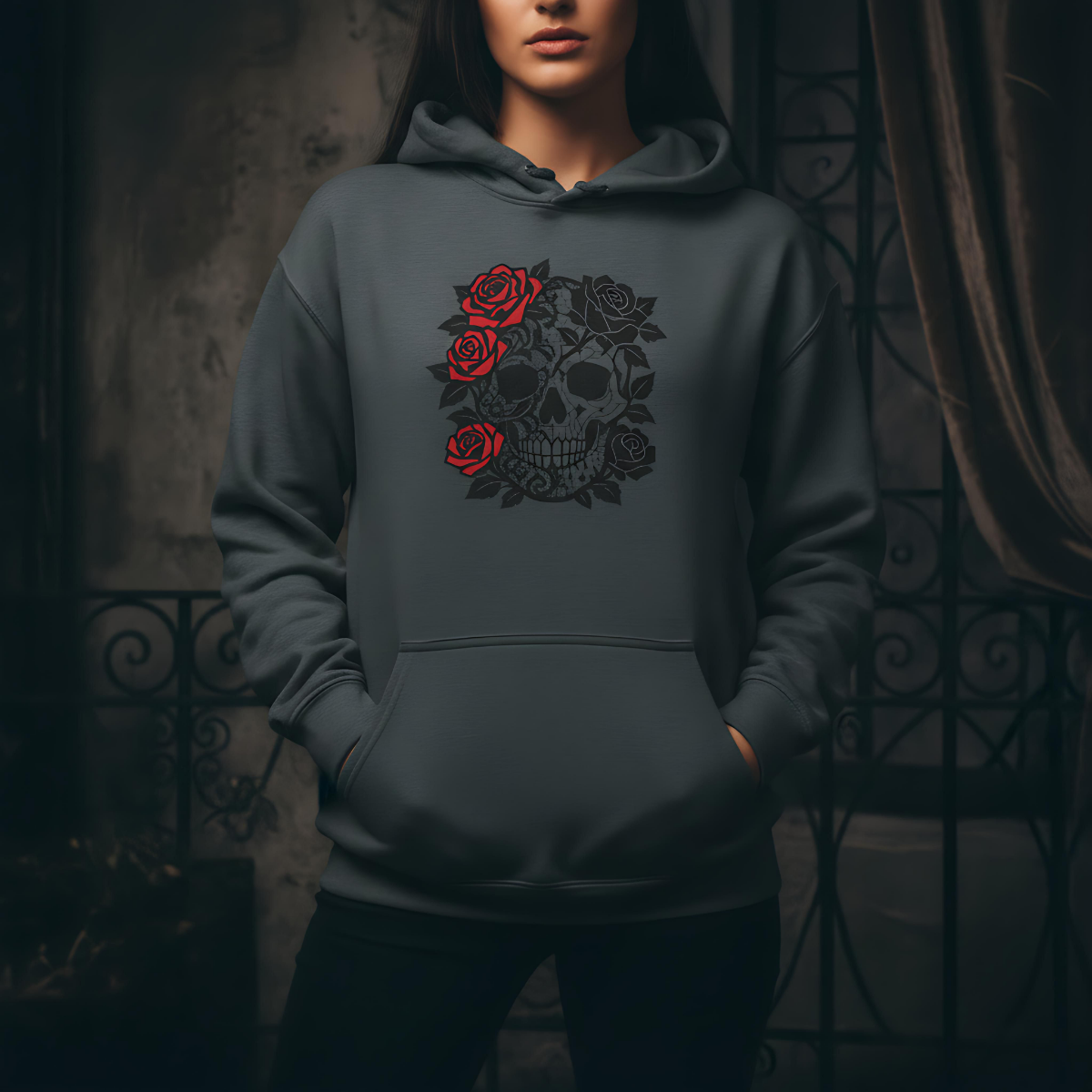 skull and roses gothic hoodie, dark academia grunge clothing, alternative gifts.