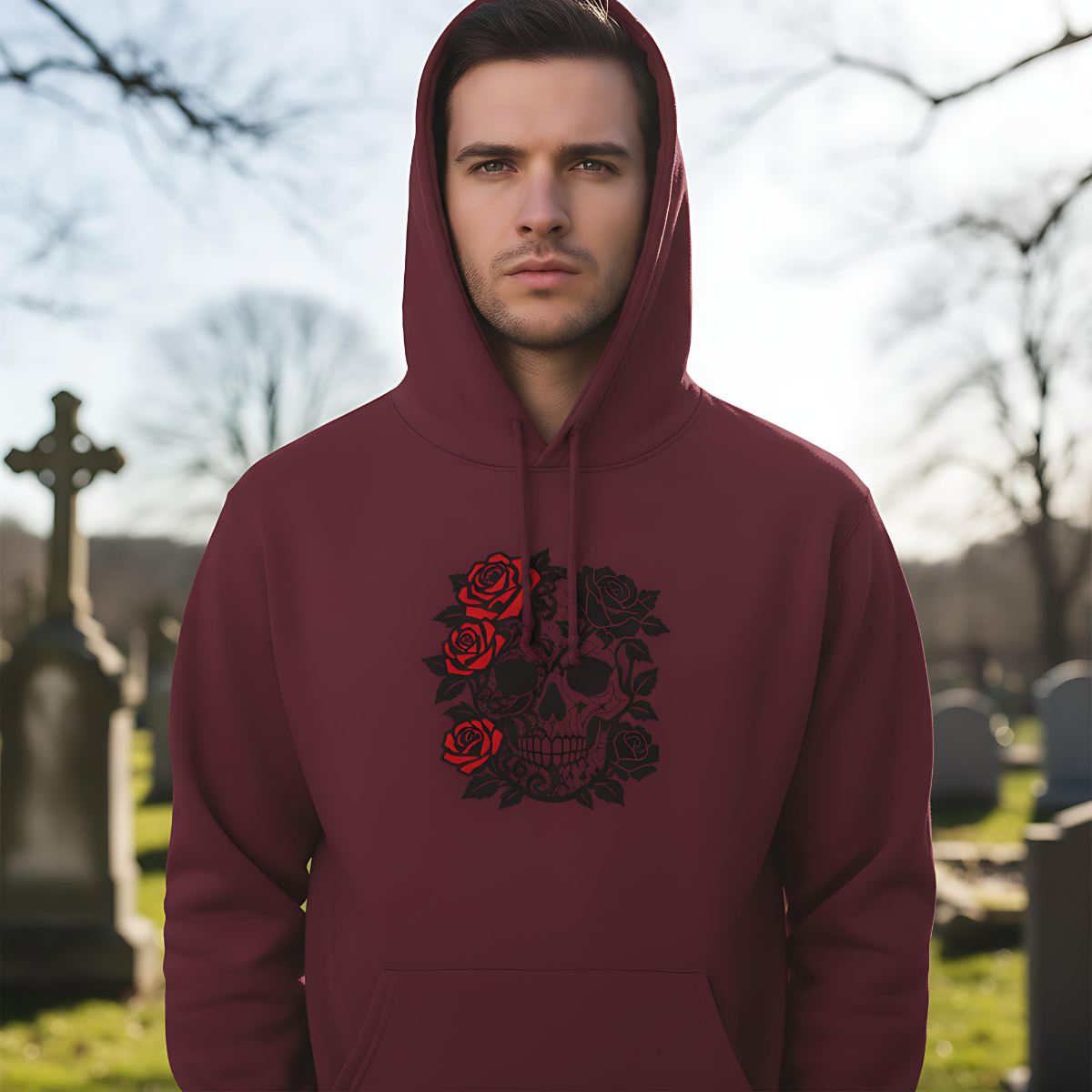 skull and roses gothic hoodie, dark academia grunge clothing, alternative gifts.
