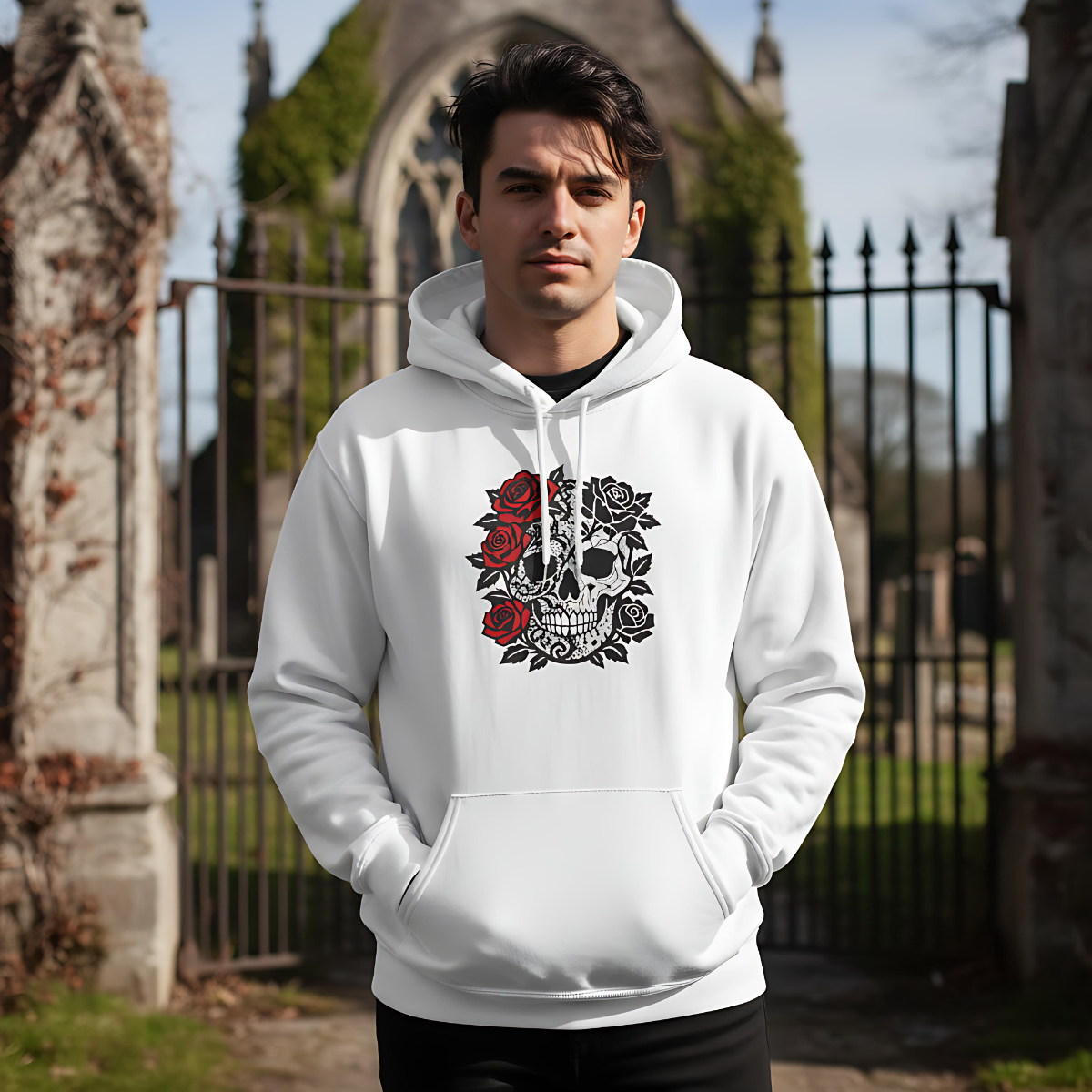 skull and roses gothic hoodie, dark academia grunge clothing, alternative gifts.