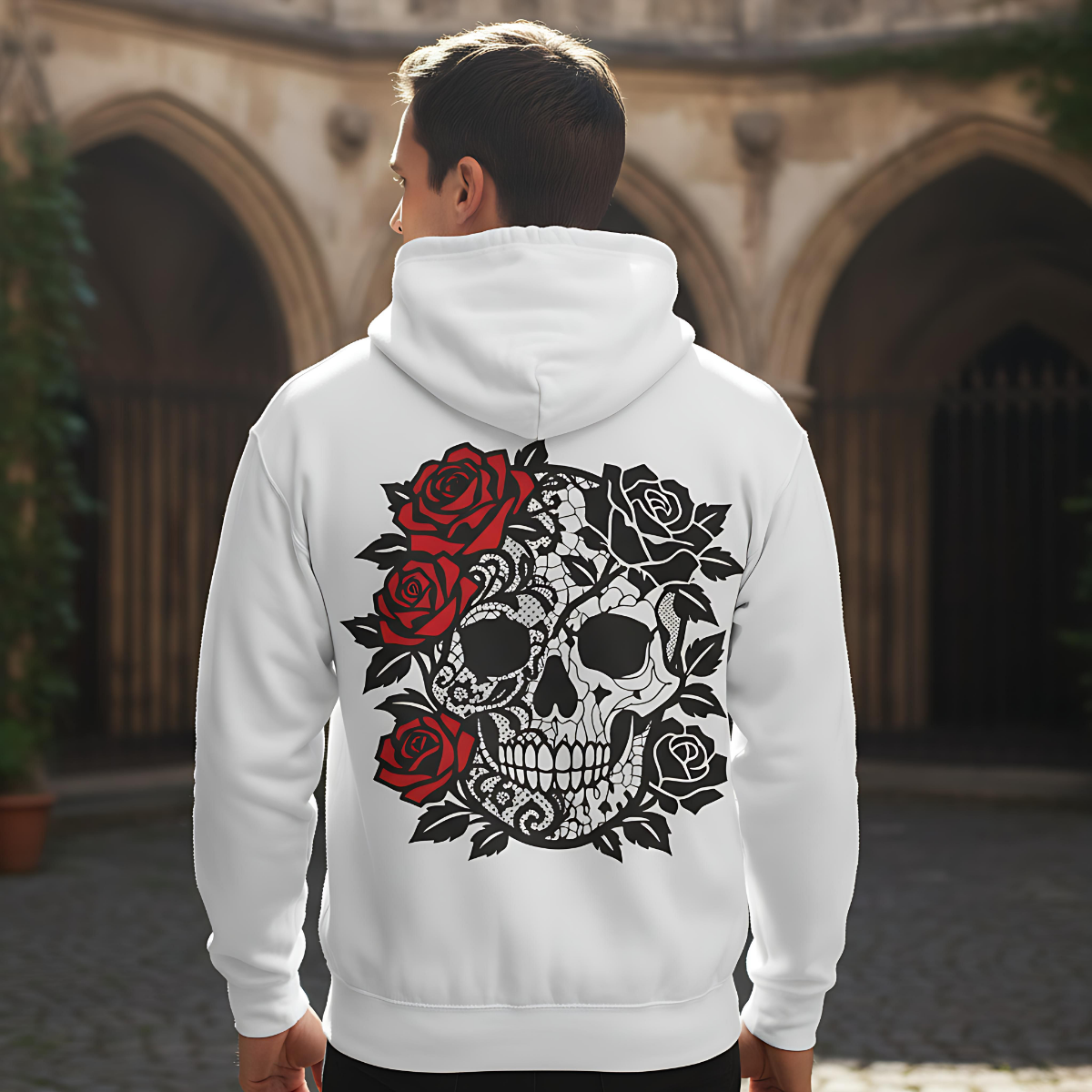 skull and roses gothic full zip hoodie, dark academia grunge clothing, alternative gifts.