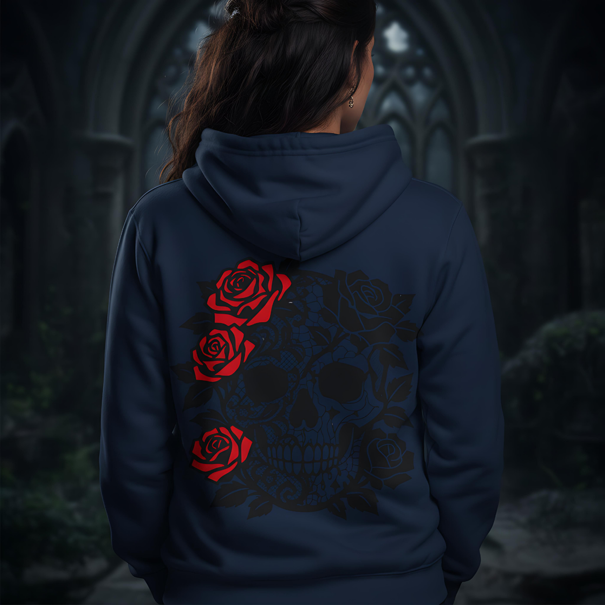 skull and roses gothic full zip hoodie, dark academia grunge clothing, alternative gifts.