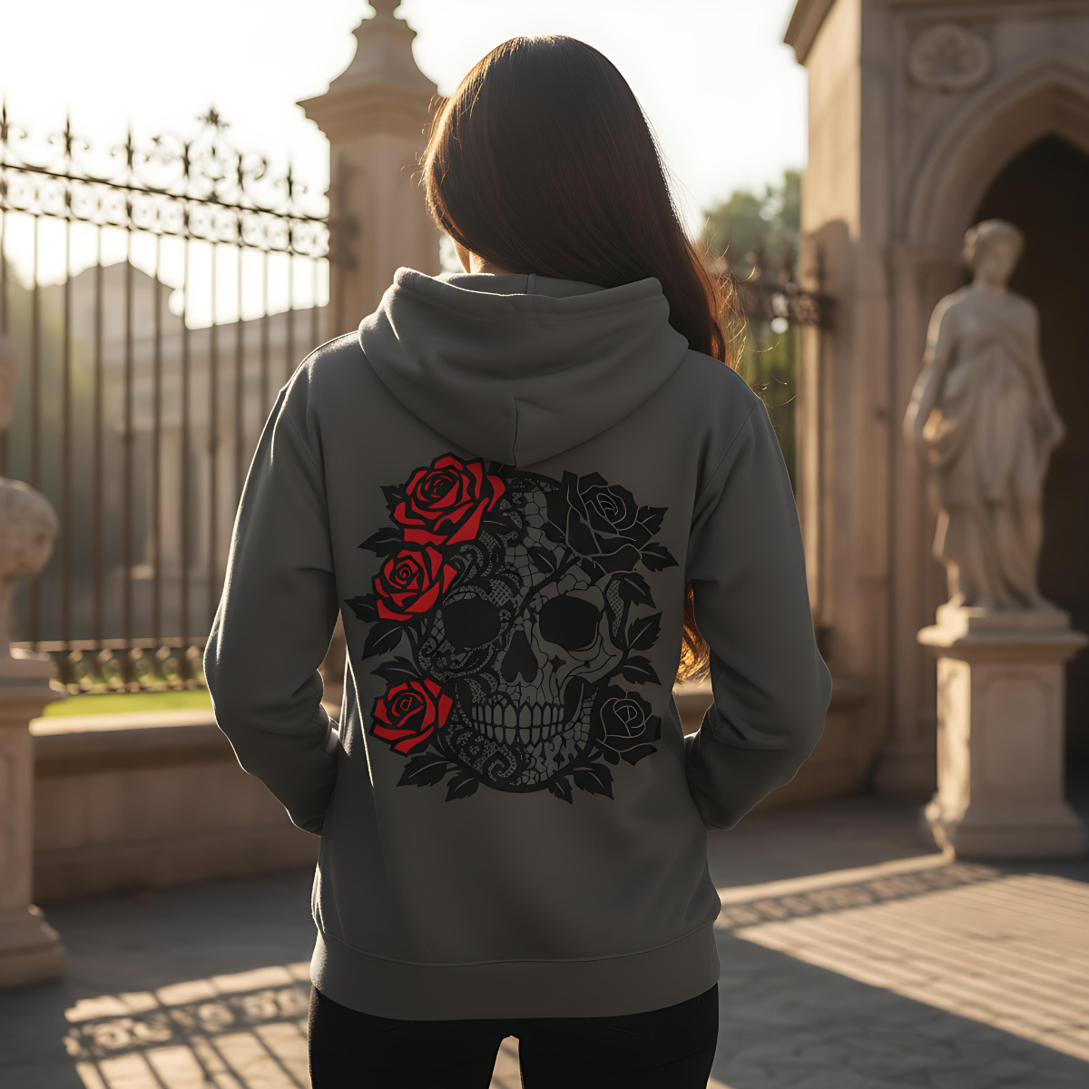 skull and roses gothic full zip hoodie, dark academia grunge clothing, alternative gifts.