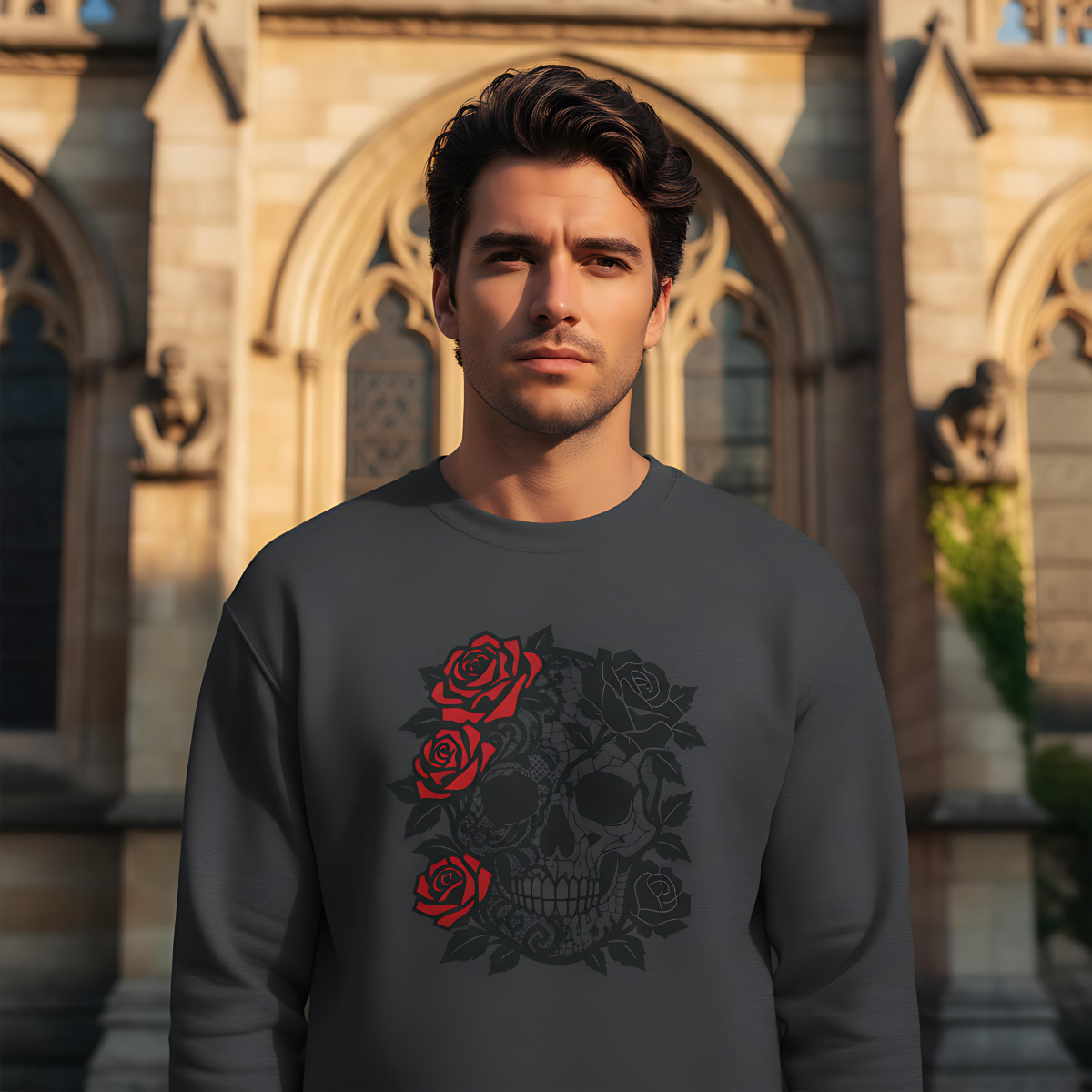skull and roses gothic sweater, dark academia grunge clothing, alternative gifts.