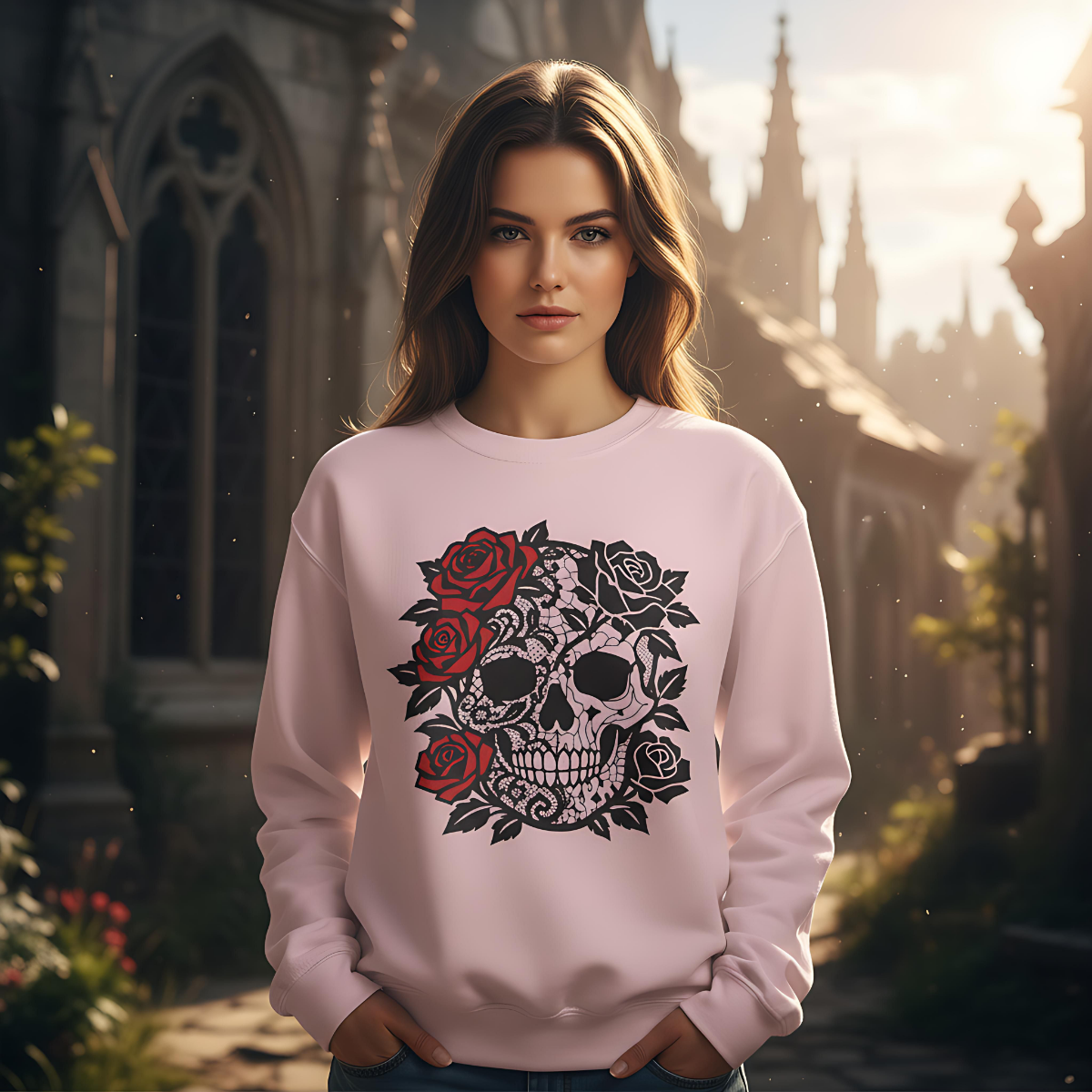 skull and roses gothic sweater, dark academia grunge clothing, alternative gifts.