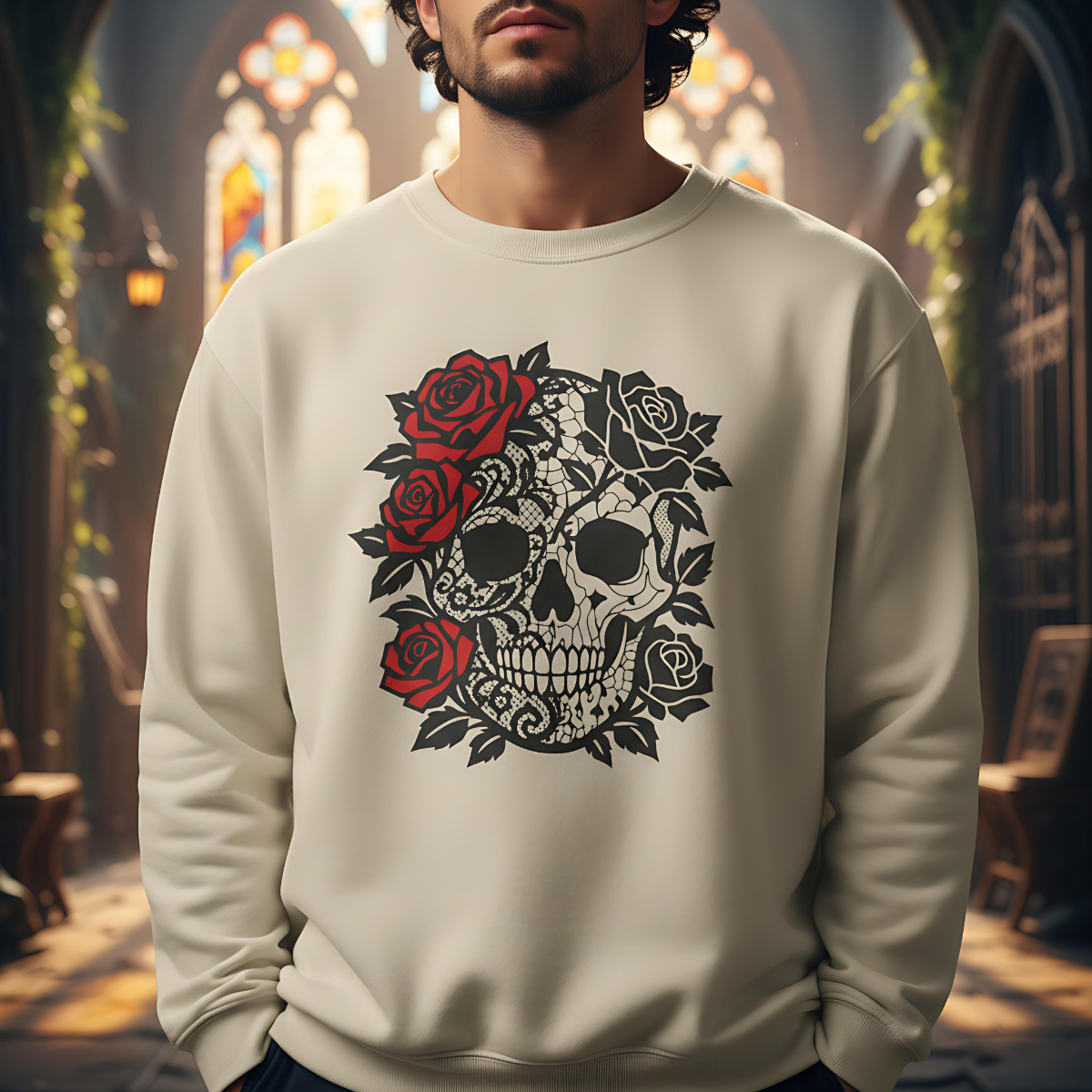 skull and roses gothic sweater, dark academia grunge clothing, alternative gifts.