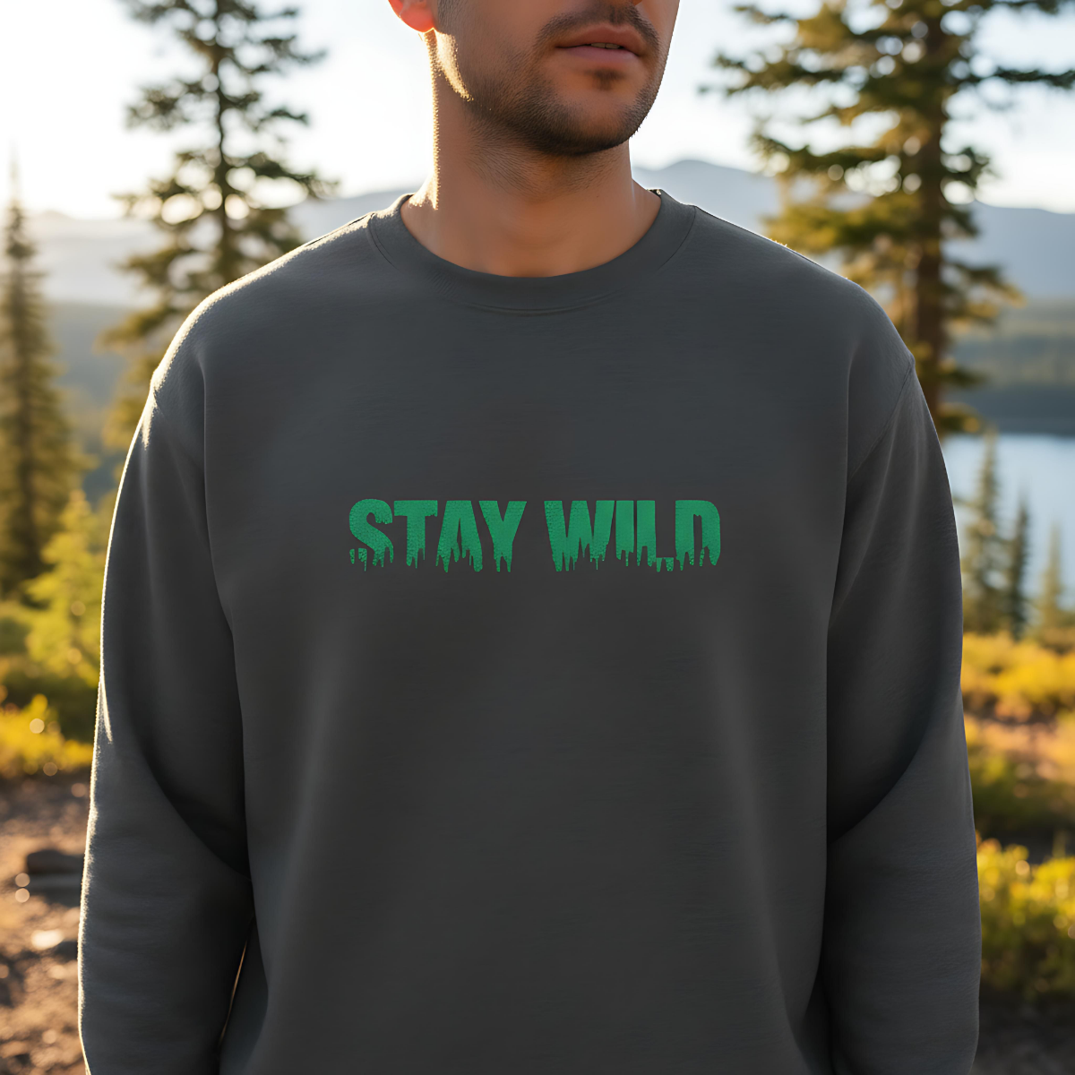Stay Wild Forest Graphic Embroidered Nature Crewneck, Outdoors Sweatshirt, Hiking & Camping Gift