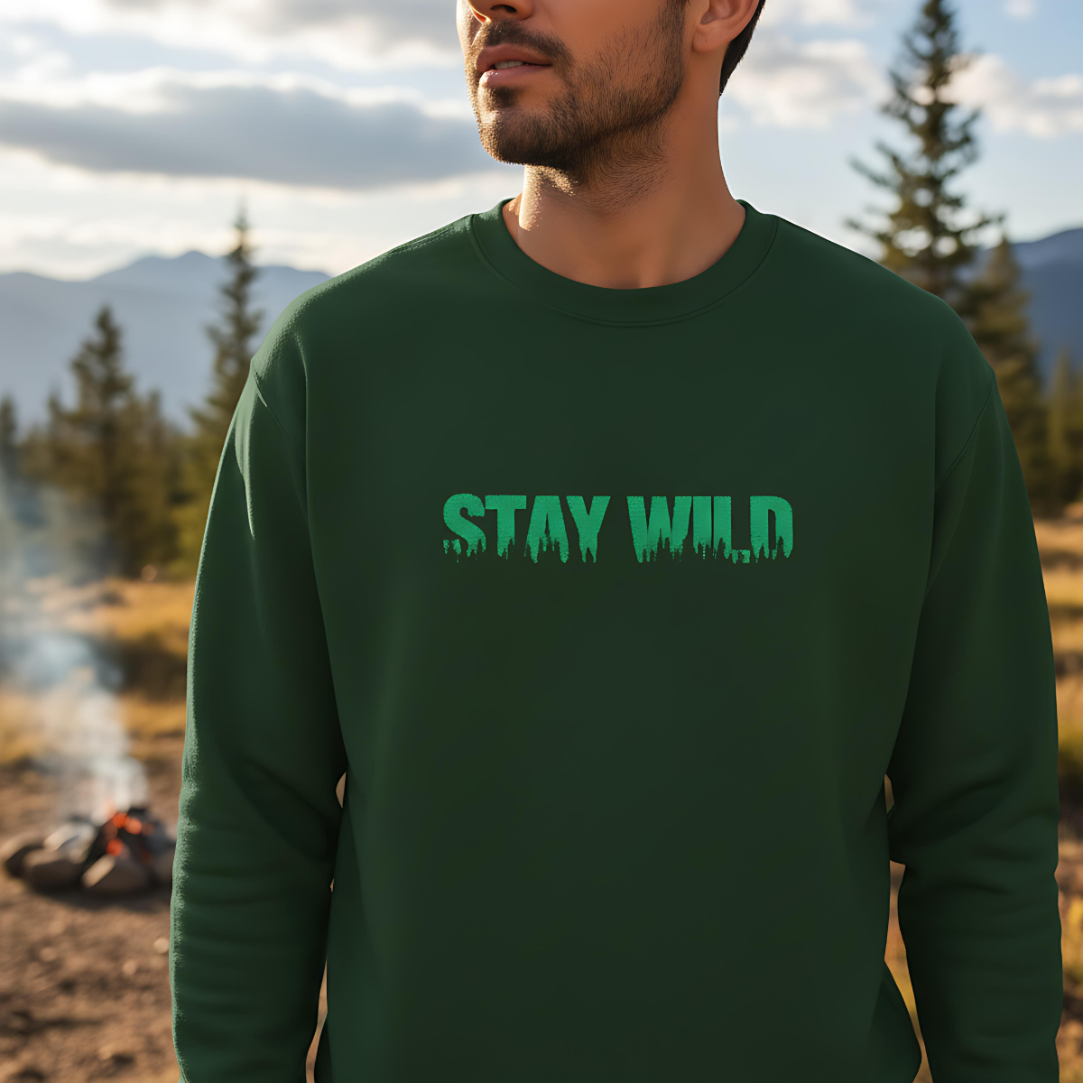 Stay Wild Forest Graphic Embroidered Nature Crewneck, Outdoors Sweatshirt, Hiking & Camping Gift