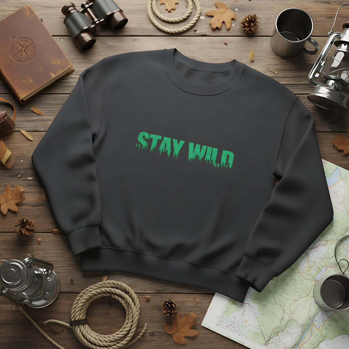 Stay Wild Forest Graphic Embroidered Nature Crewneck, Outdoors Sweatshirt, Hiking & Camping Gift