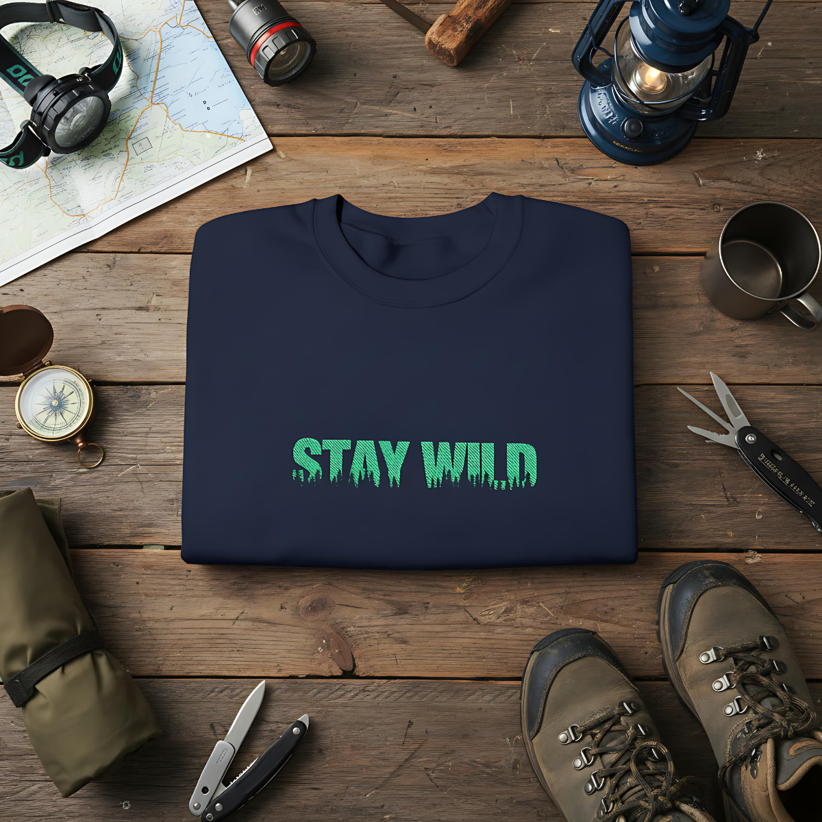 Stay Wild Forest Graphic Embroidered Nature Crewneck, Outdoors Sweatshirt, Hiking & Camping Gift