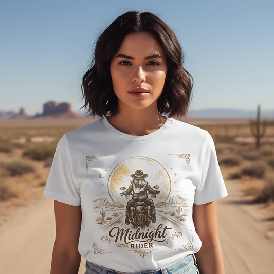 Midnight Rider Shirt for Women | Moto Boho Motorcycle Tee | Desert Moon Biker Babe Shirt
