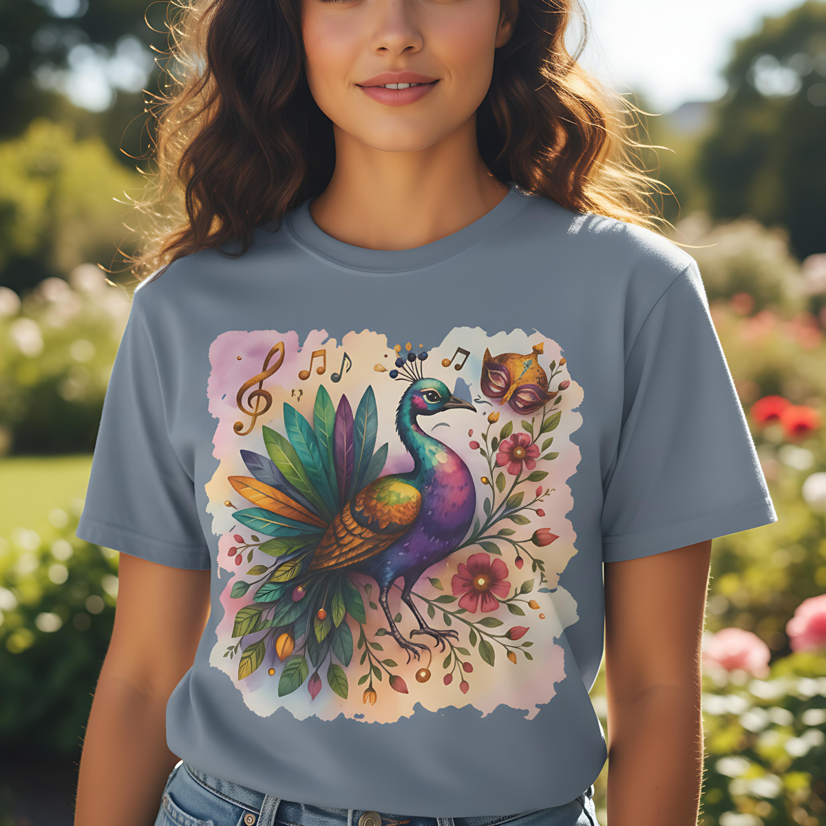 Mardi Gras tshirt, Peacock shirt,  carnival outfit, festival apparel, women's Mardi Gras, vibrant festival top
