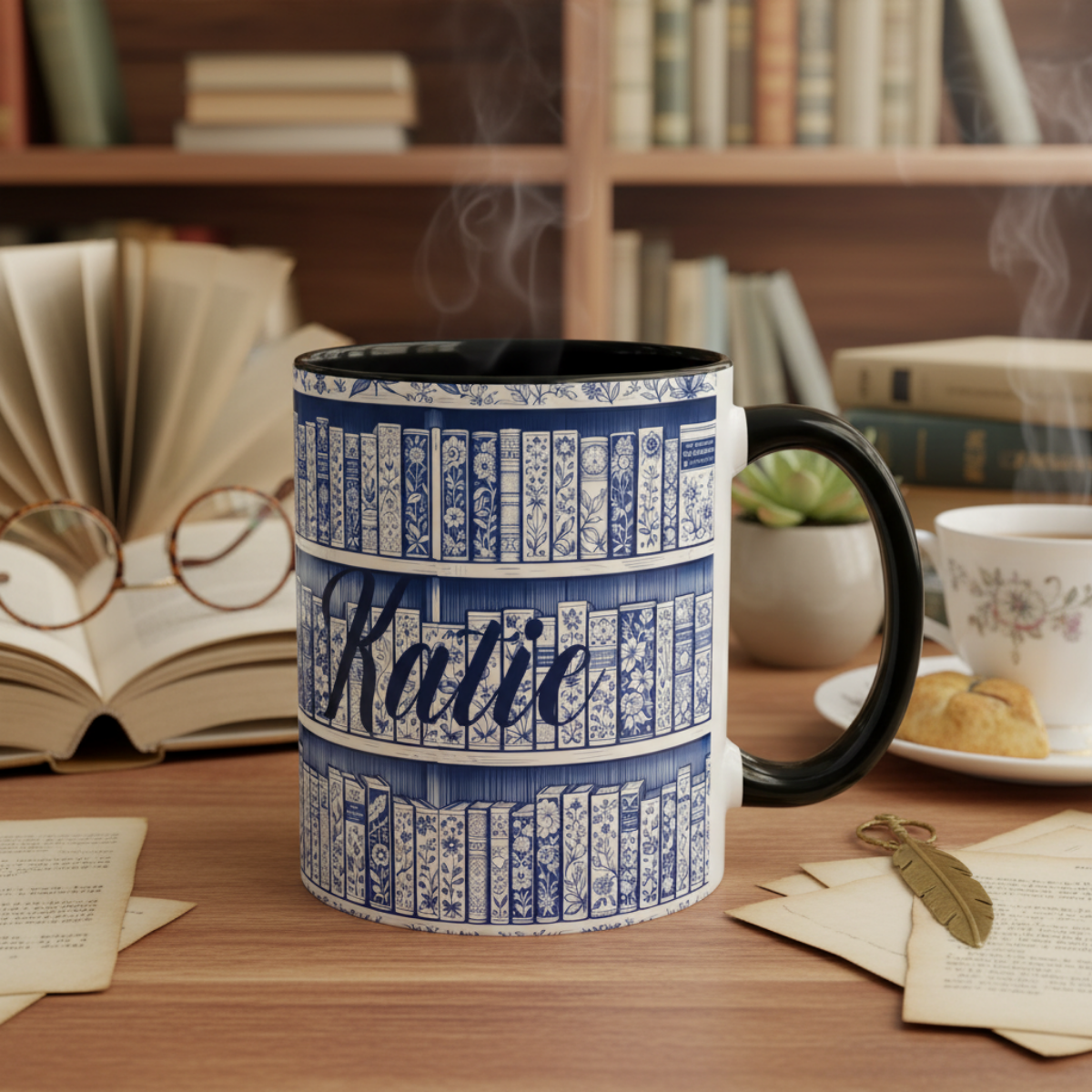 Personalized floral coffee cup, cozy reading bookish gift, book lover birthday gift.
