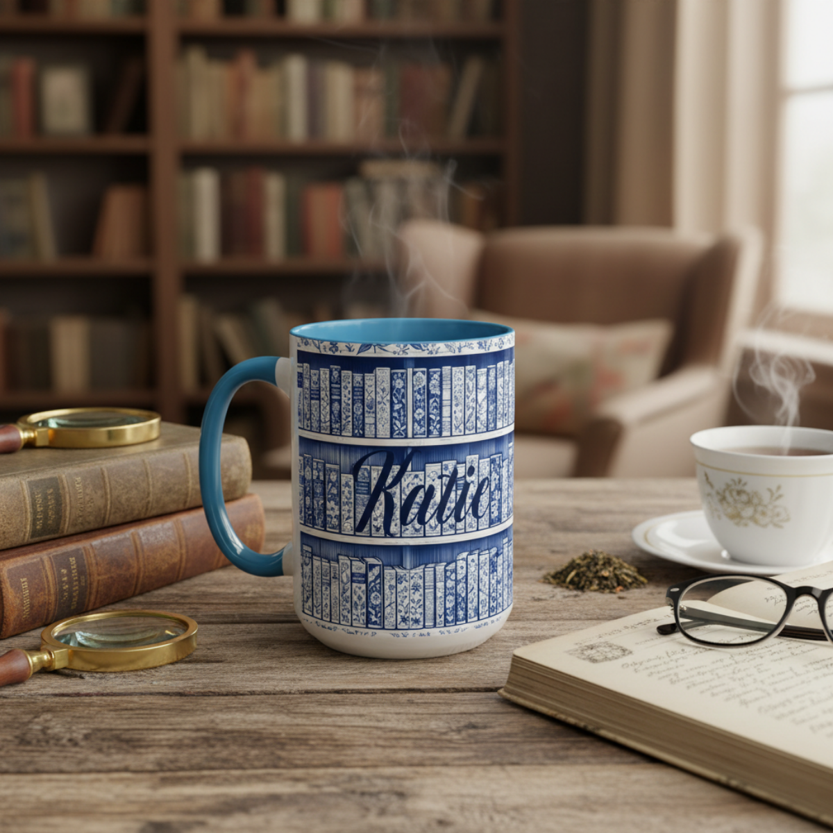 Personalized floral coffee cup, cozy reading bookish gift, book lover birthday gift.