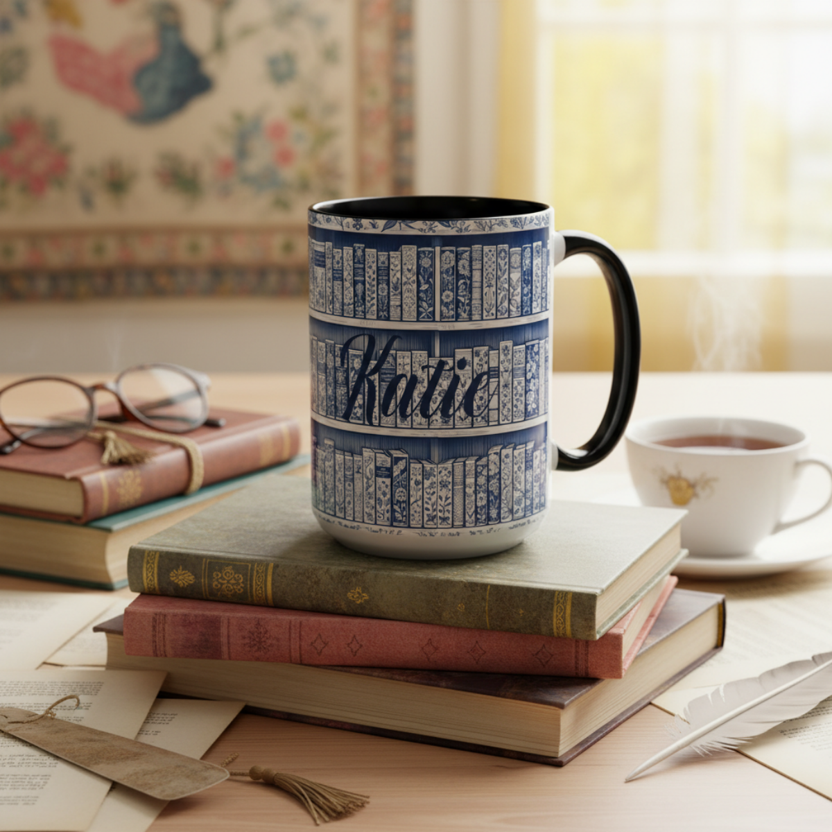 Personalized floral coffee cup, cozy reading bookish gift, book lover birthday gift.