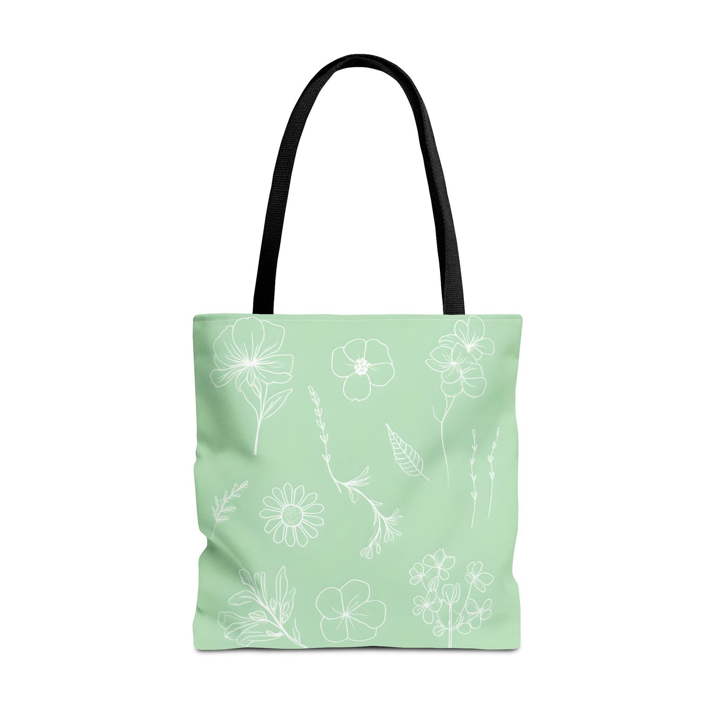 Hand drawn style flower print tote, pastel green, Canvas shoulder bag, reusable  lunch bag.