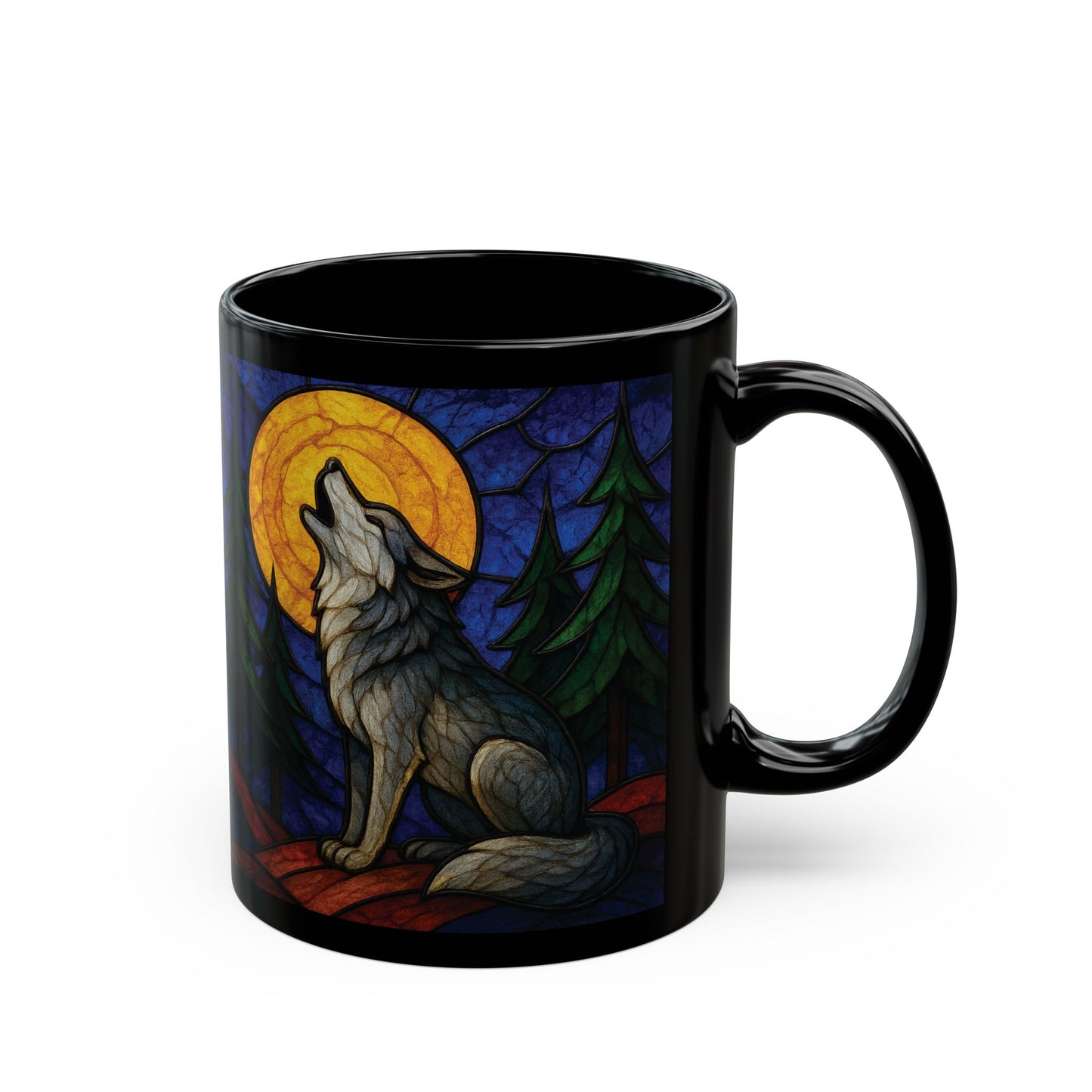 Wolf Coffee Cup with Stained Glass Effect, Ideal for any wolf lover, this wolf cup serves not just as a vessel for your favorite brew but also as a striking symbol of wilderness and wonder.