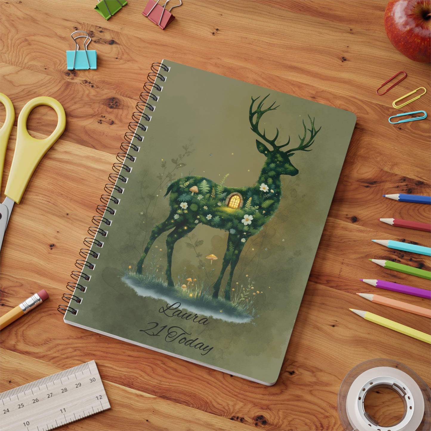 Personalised Moss Deer Notebook A5, Wire-bound Forestcore Journal.