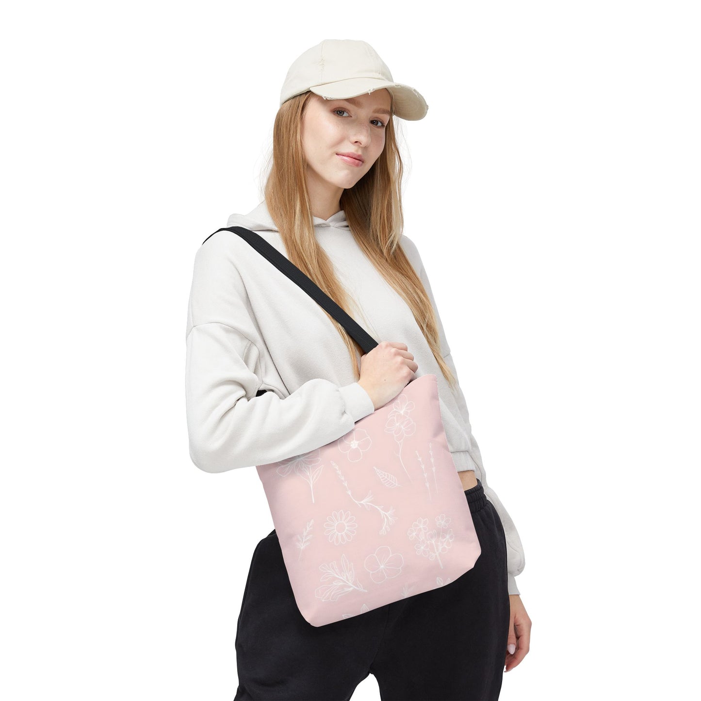 Hand drawn style flower print tote, pastel pink, Canvas shoulder bag, reusable  lunch bag.