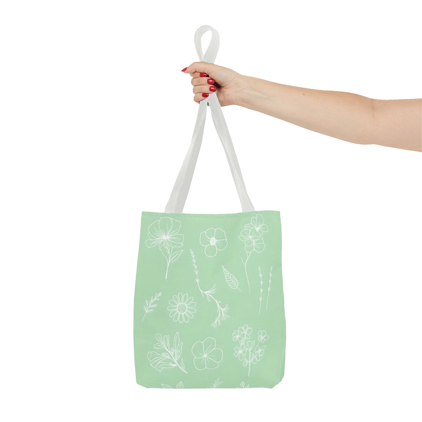 Hand drawn style flower print tote, pastel green, Canvas shoulder bag, reusable  lunch bag.