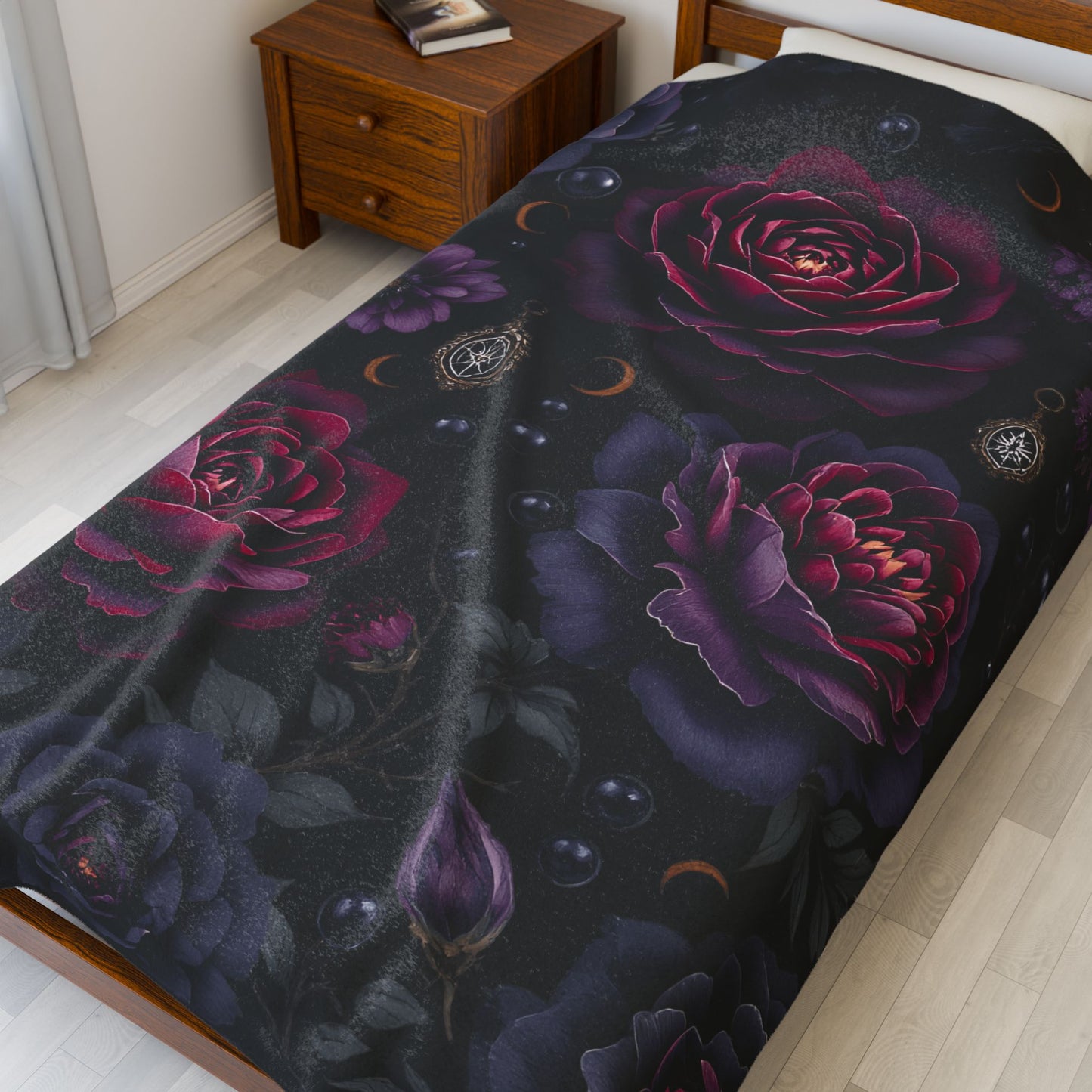 Dark Floral Throw, Velveteen Plush Gothic Blanket ,witchy home decor.
