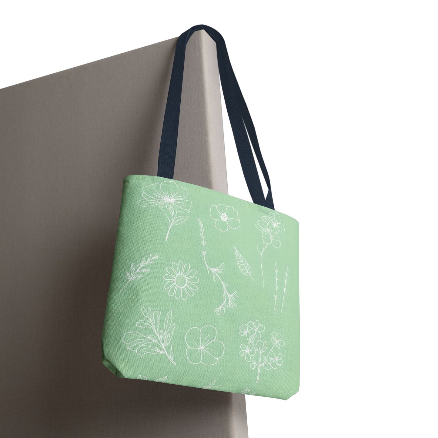 Hand drawn style flower print tote, pastel green, Canvas shoulder bag, reusable  lunch bag.