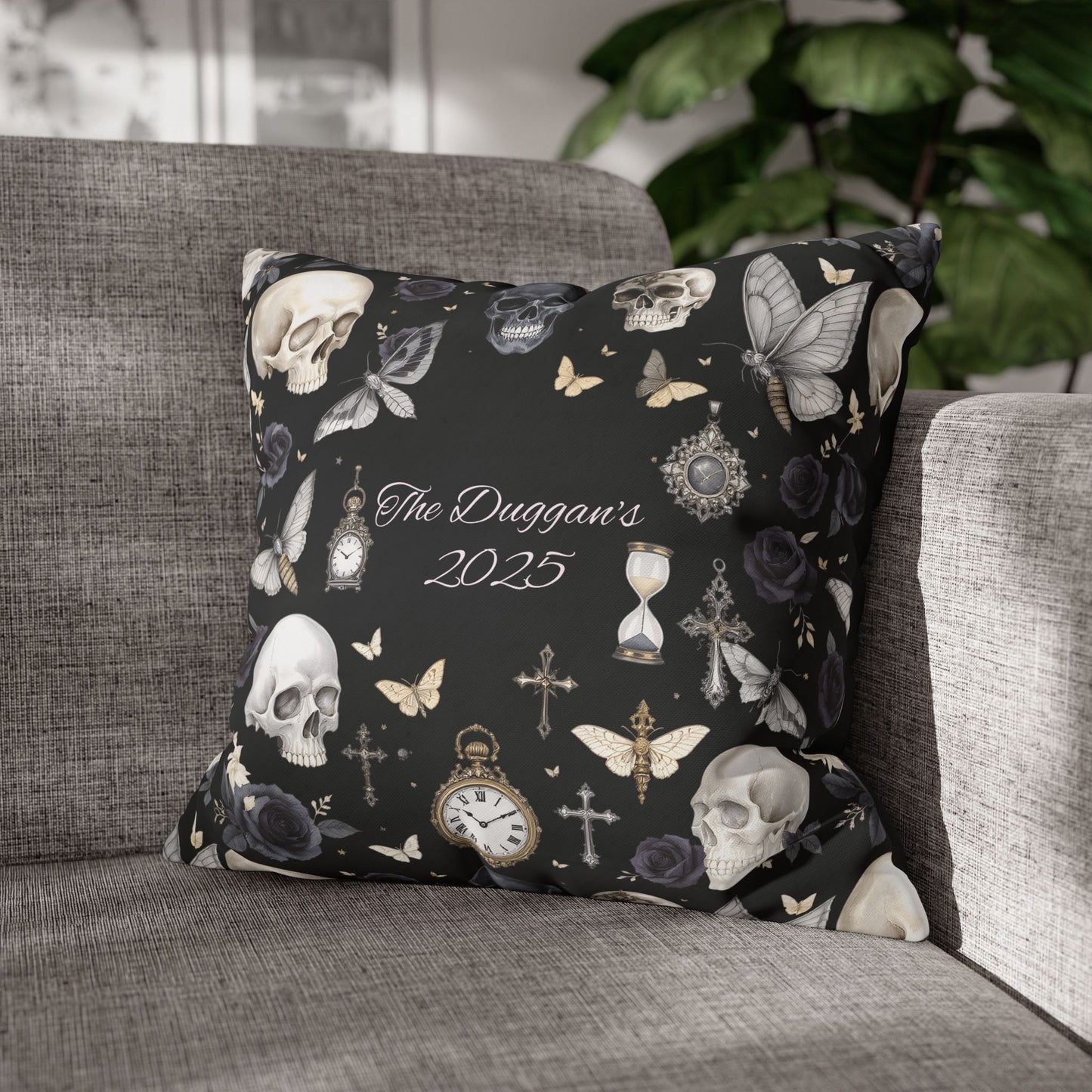 Gothic Skull Floral Pattern Square Pillowcase | gothic throw pillow, personalized whimsigoth decor