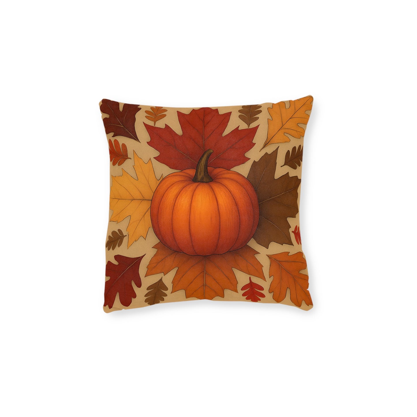 Autumn Leaves and Pumpkin Cushion, This autumn pillow cover captures the essence of "hello autumn" with its vibrant orange tones and delightful pumpkin design.